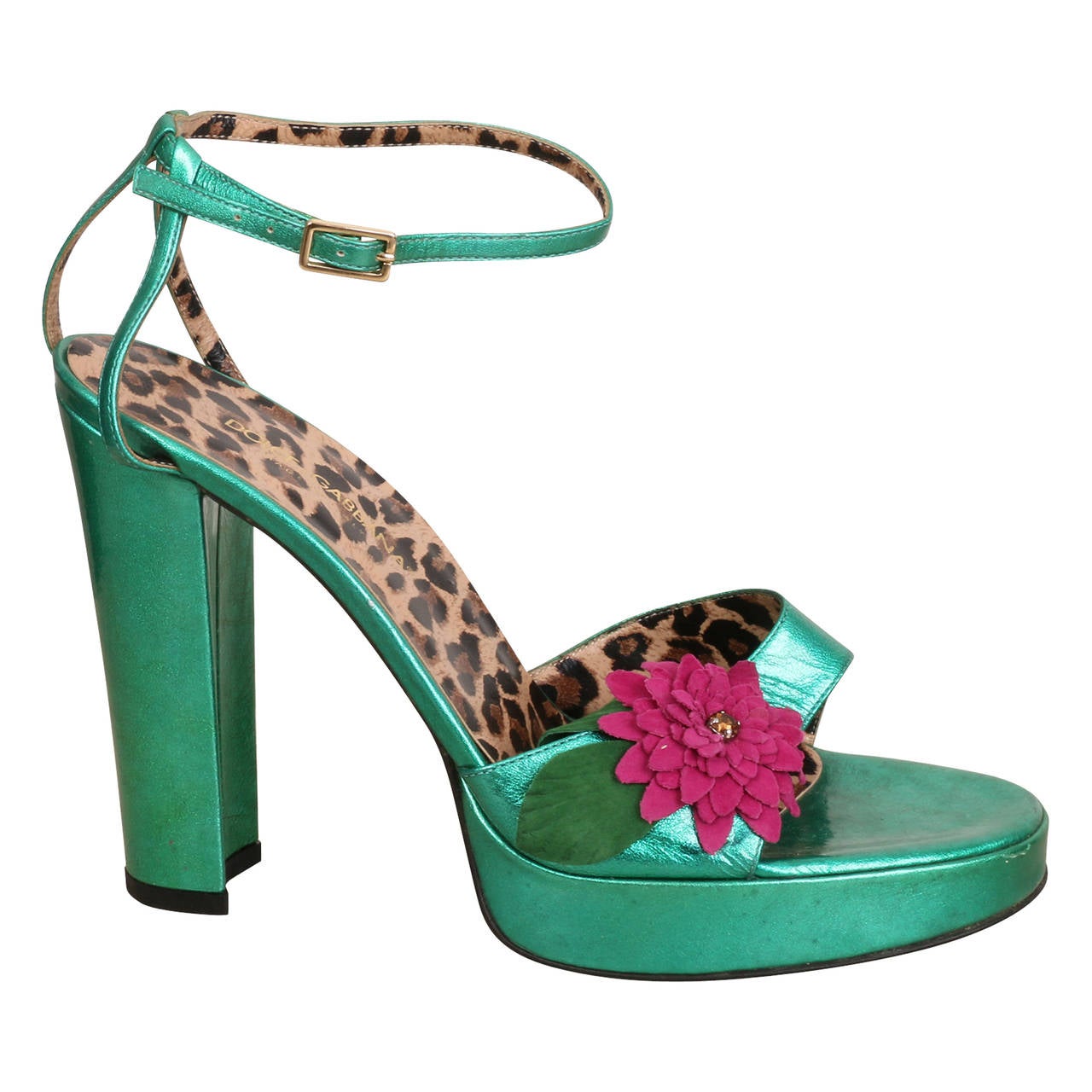 Dolce and Gabbana Green Metallic Platform Sandals with Flower For Sale