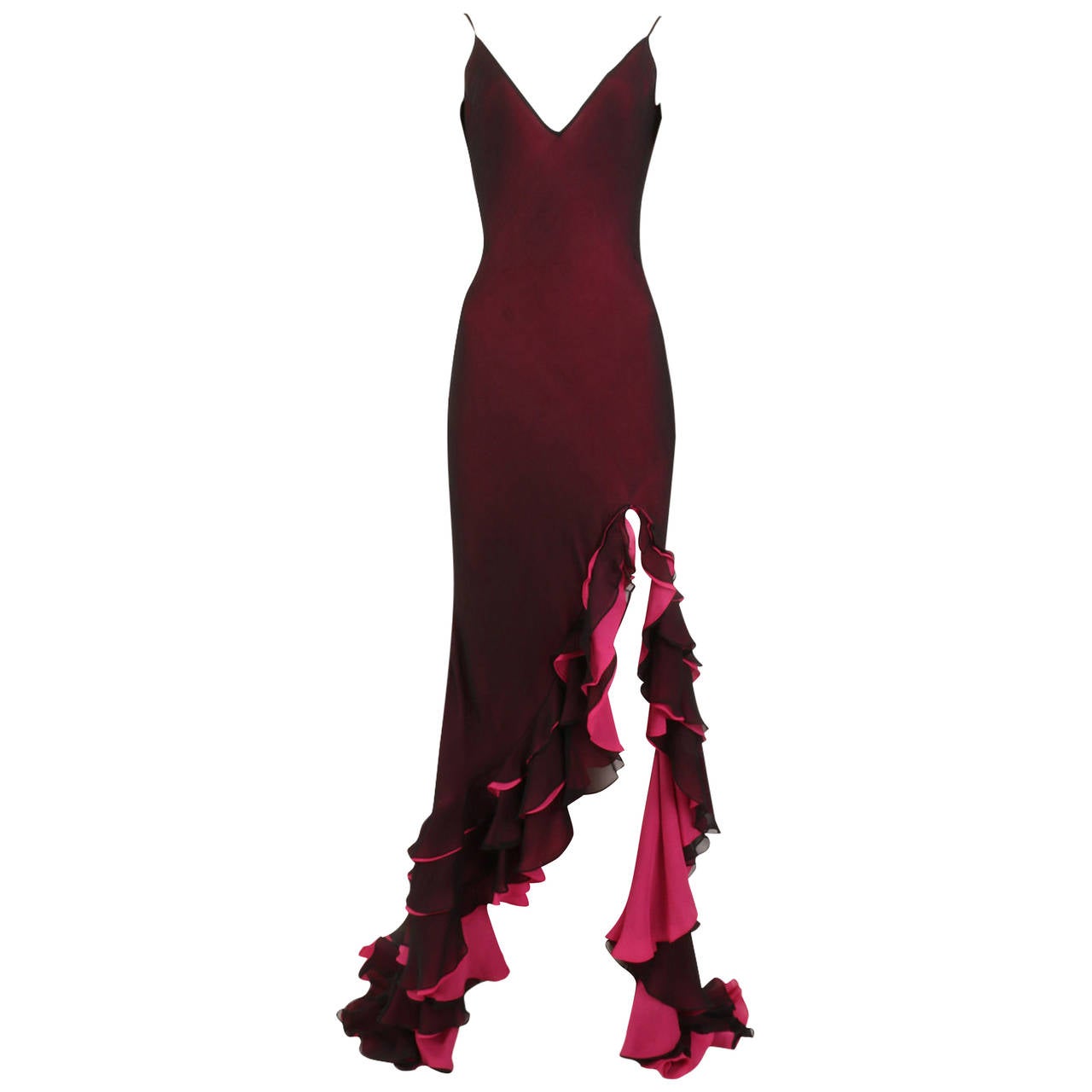 Maria Grachvogel Dark Purple and Fuchsia Ombre Flamenco Ruffled  V Back Gown For Sale