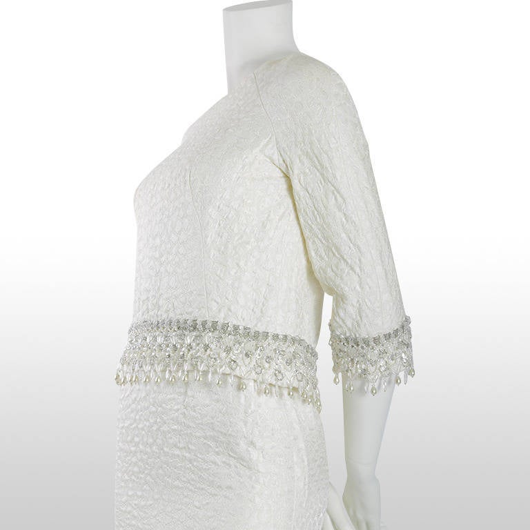 Women's 1960s Ivory Brocade and Silver Embellished Dress & Jacket For Sale