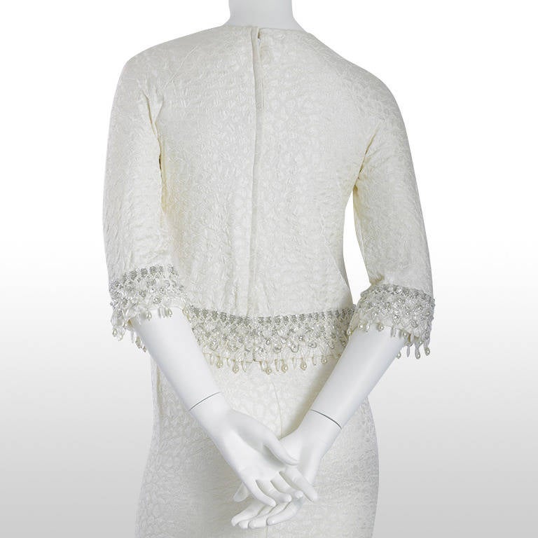 1960s Ivory Brocade and Silver Embellished Dress & Jacket For Sale 1