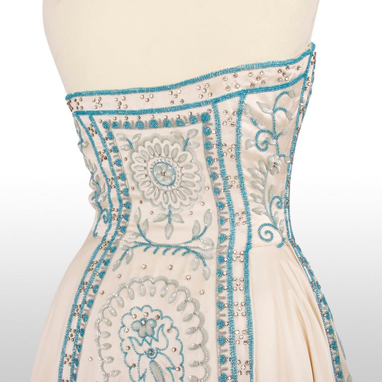 1955 Jeweled Silk Satin Gown - Size XS 4