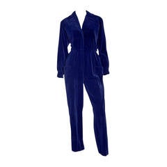Vintage 1980s Yves Saint Laurent Rive Gauche Blue Velvet Jumpsuit