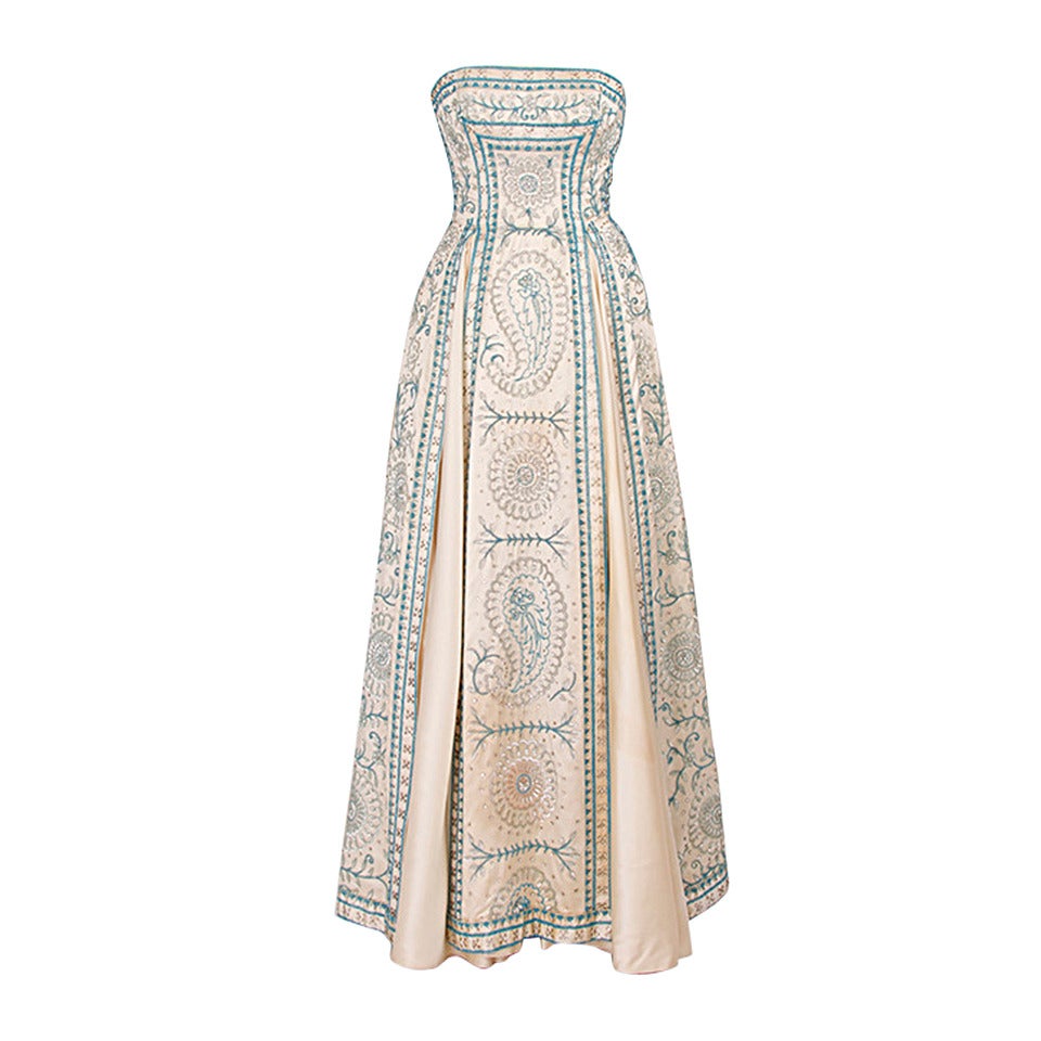 1955 Jeweled Silk Satin Gown - Size XS