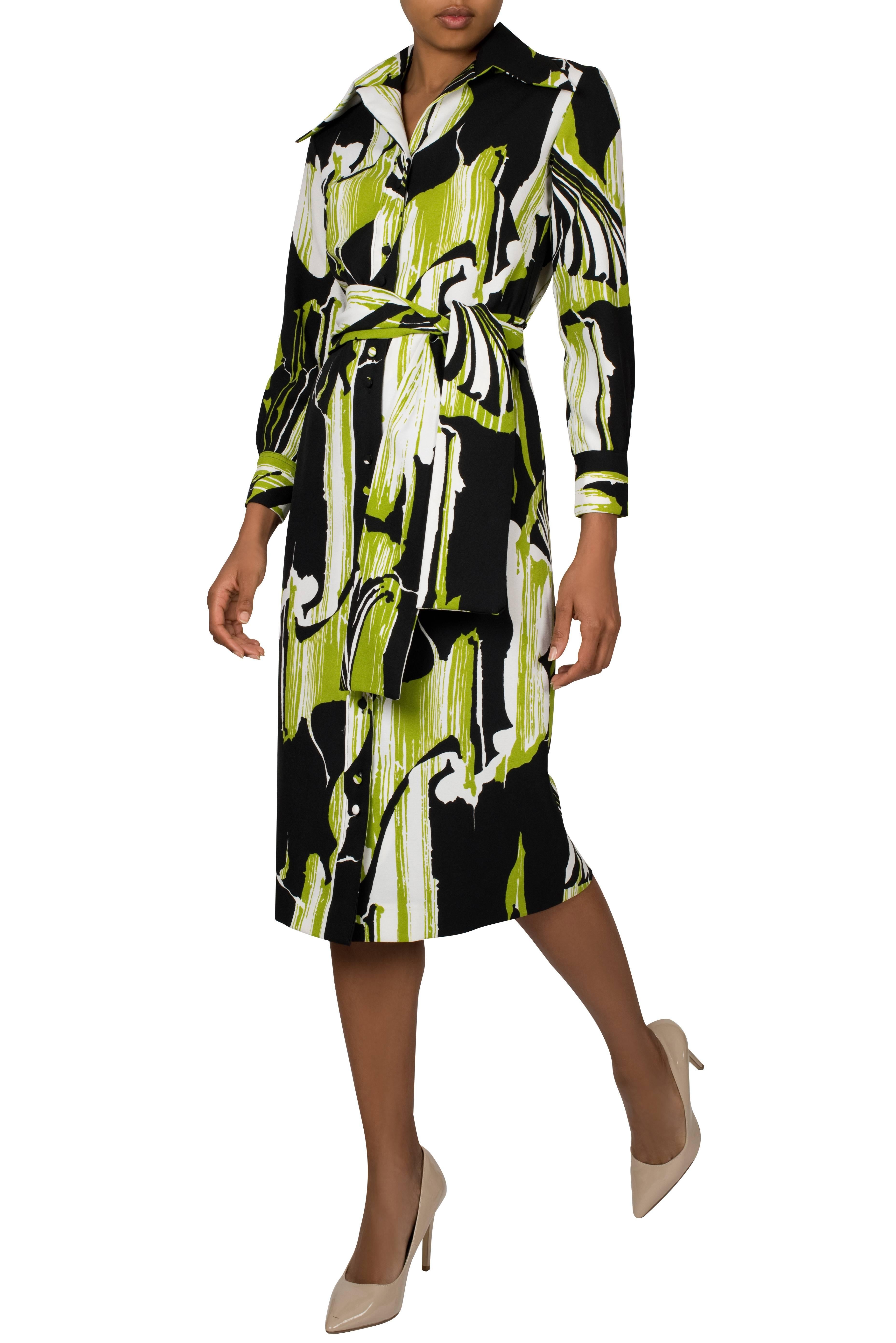 1970s Lime White & Black Abstract Print Lanvin Shirt Dress In Excellent Condition For Sale In London, GB