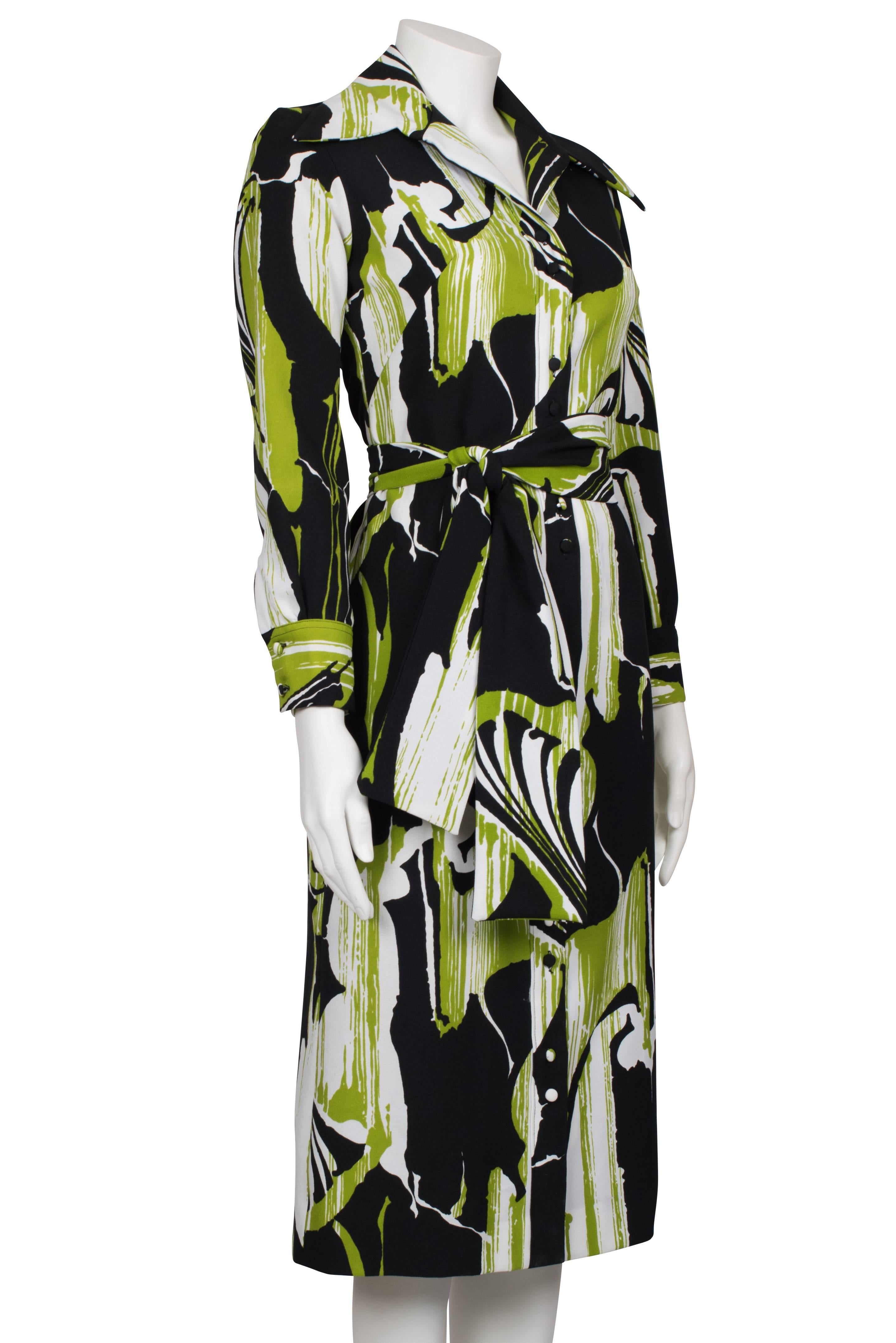 Women's 1970s Lime White & Black Abstract Print Lanvin Shirt Dress For Sale