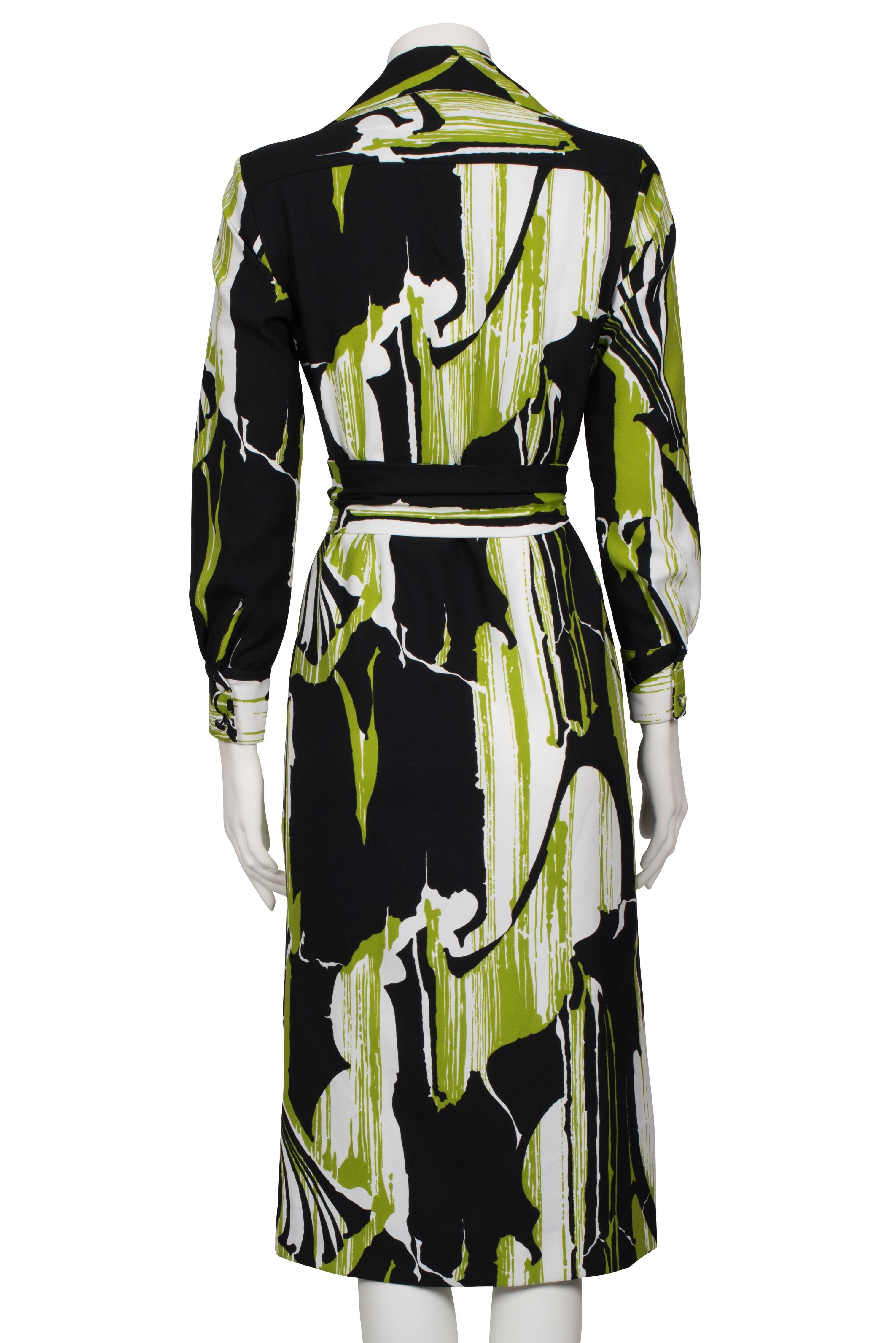 1970s Lime White & Black Abstract Print Lanvin Shirt Dress For Sale 1