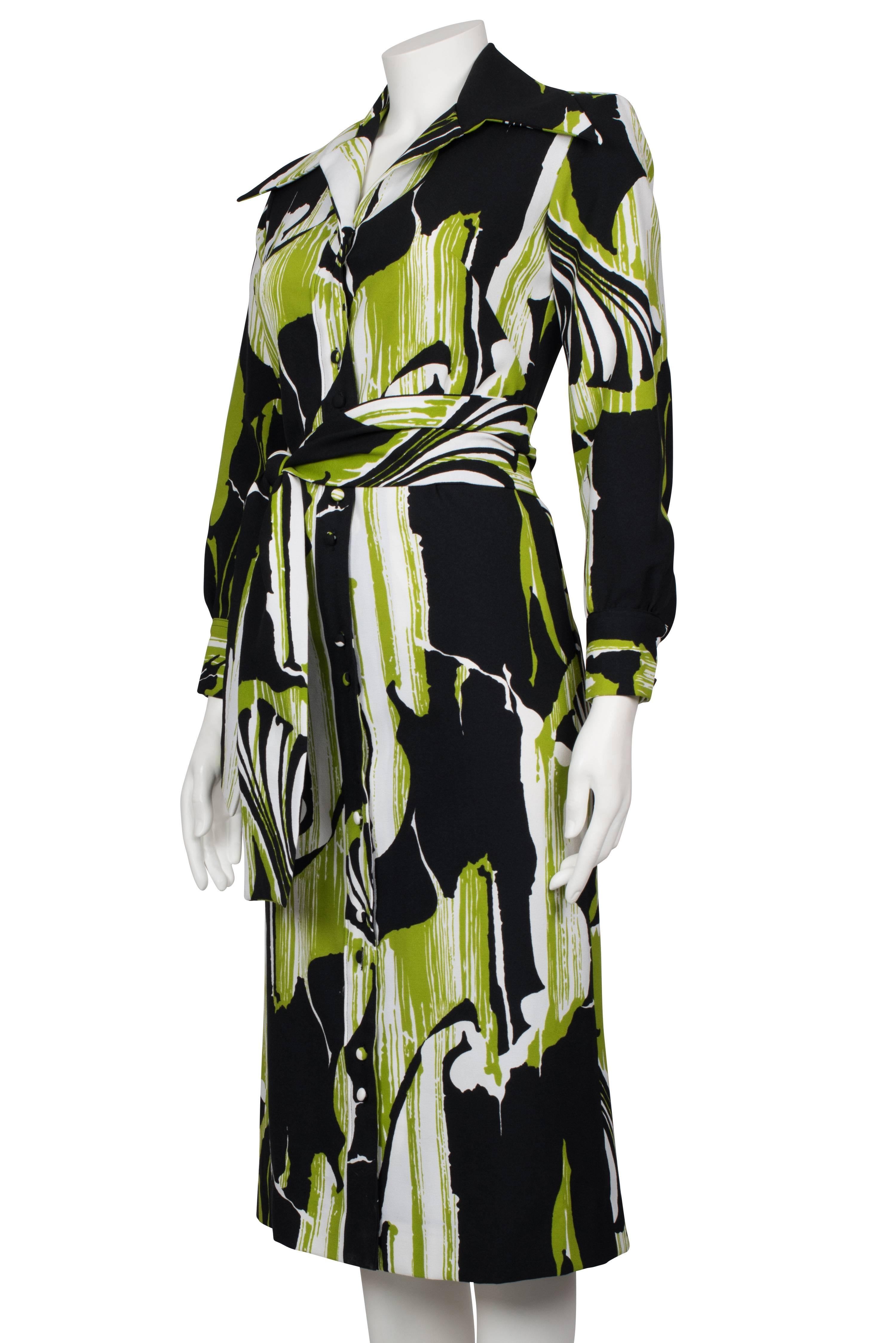 1970s Lime White & Black Abstract Print Lanvin Shirt Dress For Sale 2