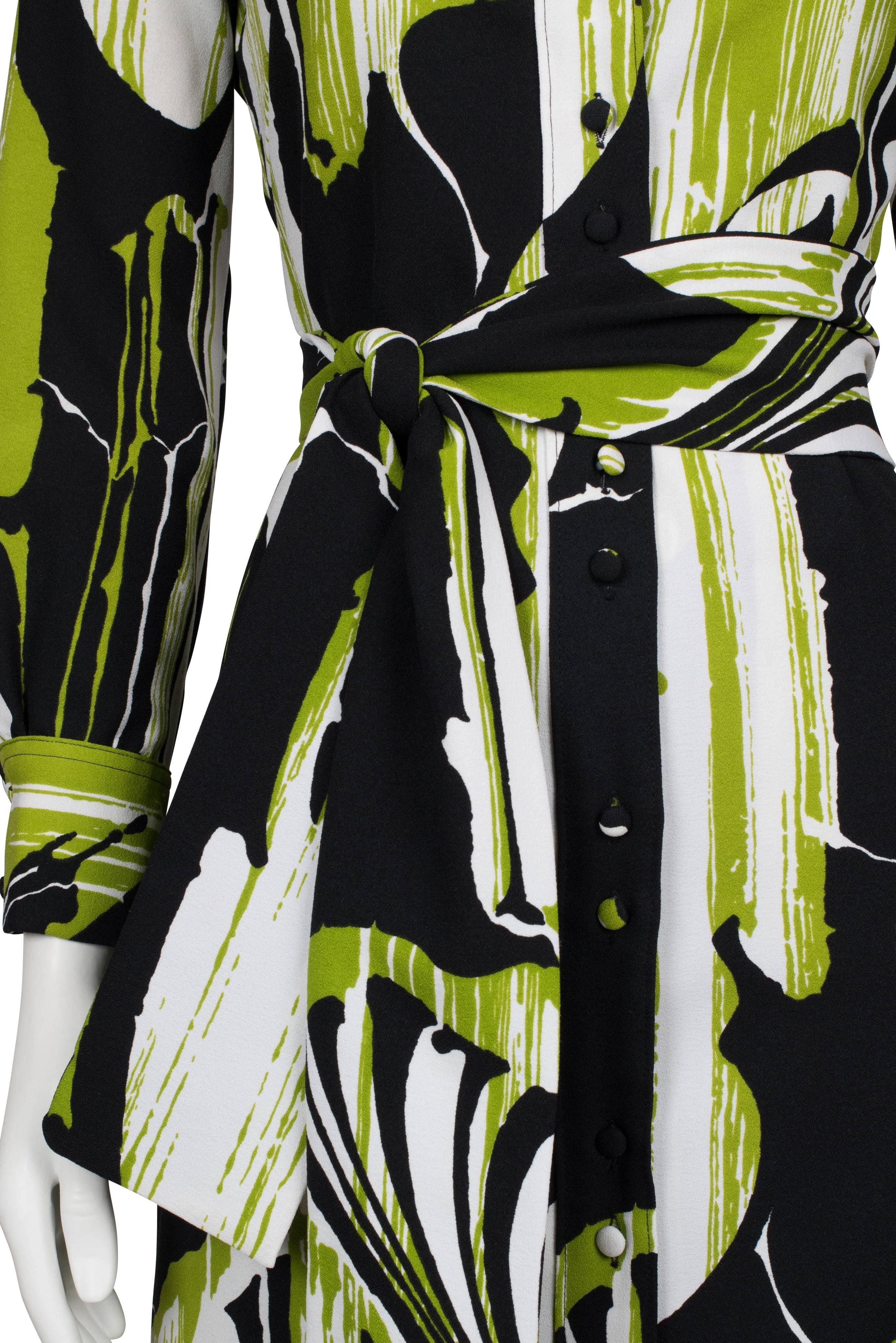 1970s Lime White & Black Abstract Print Lanvin Shirt Dress For Sale 3