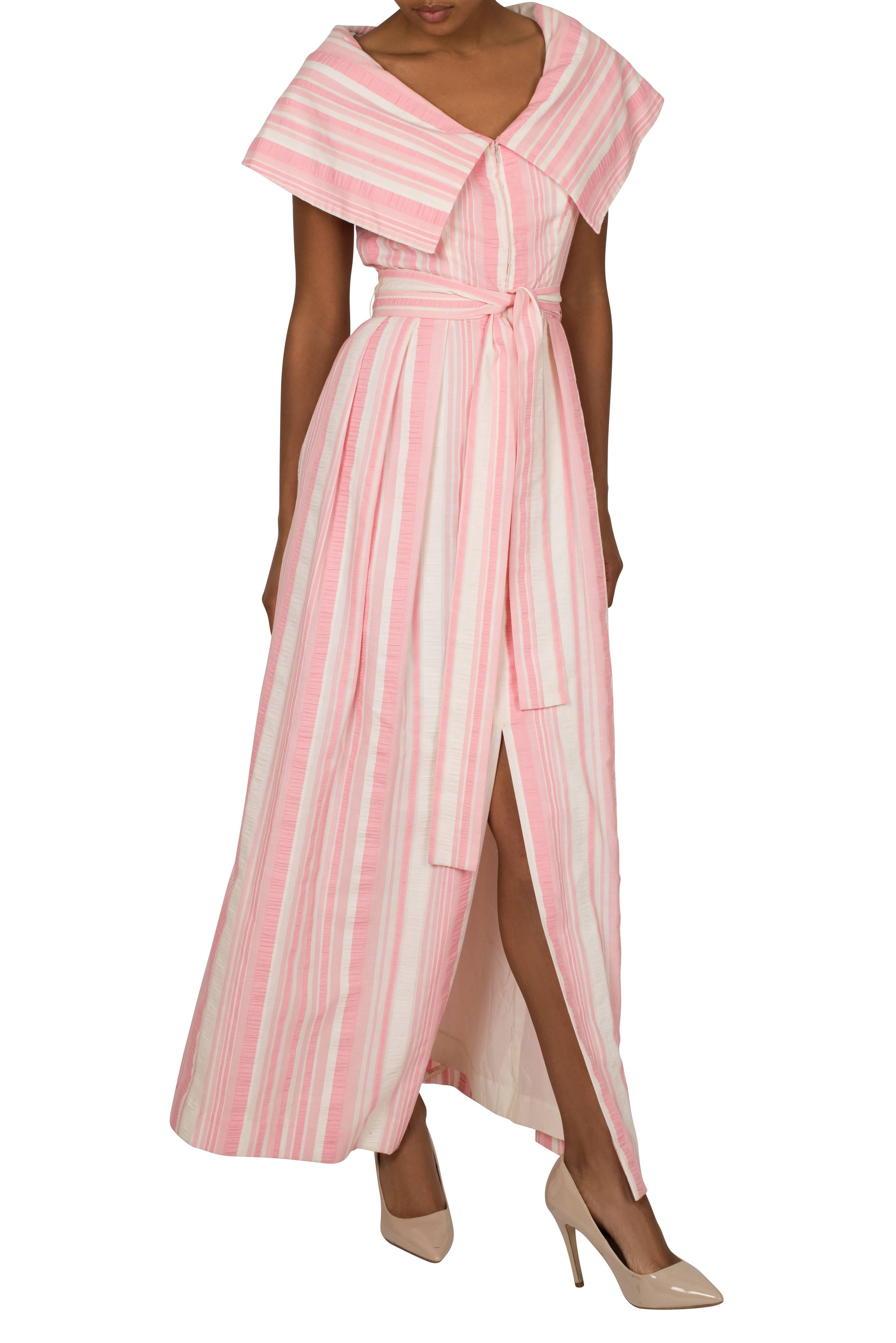 Beige 1970s Estevez Seersucker Pink and Ivory Candy Stripe Dress Size S For Sale