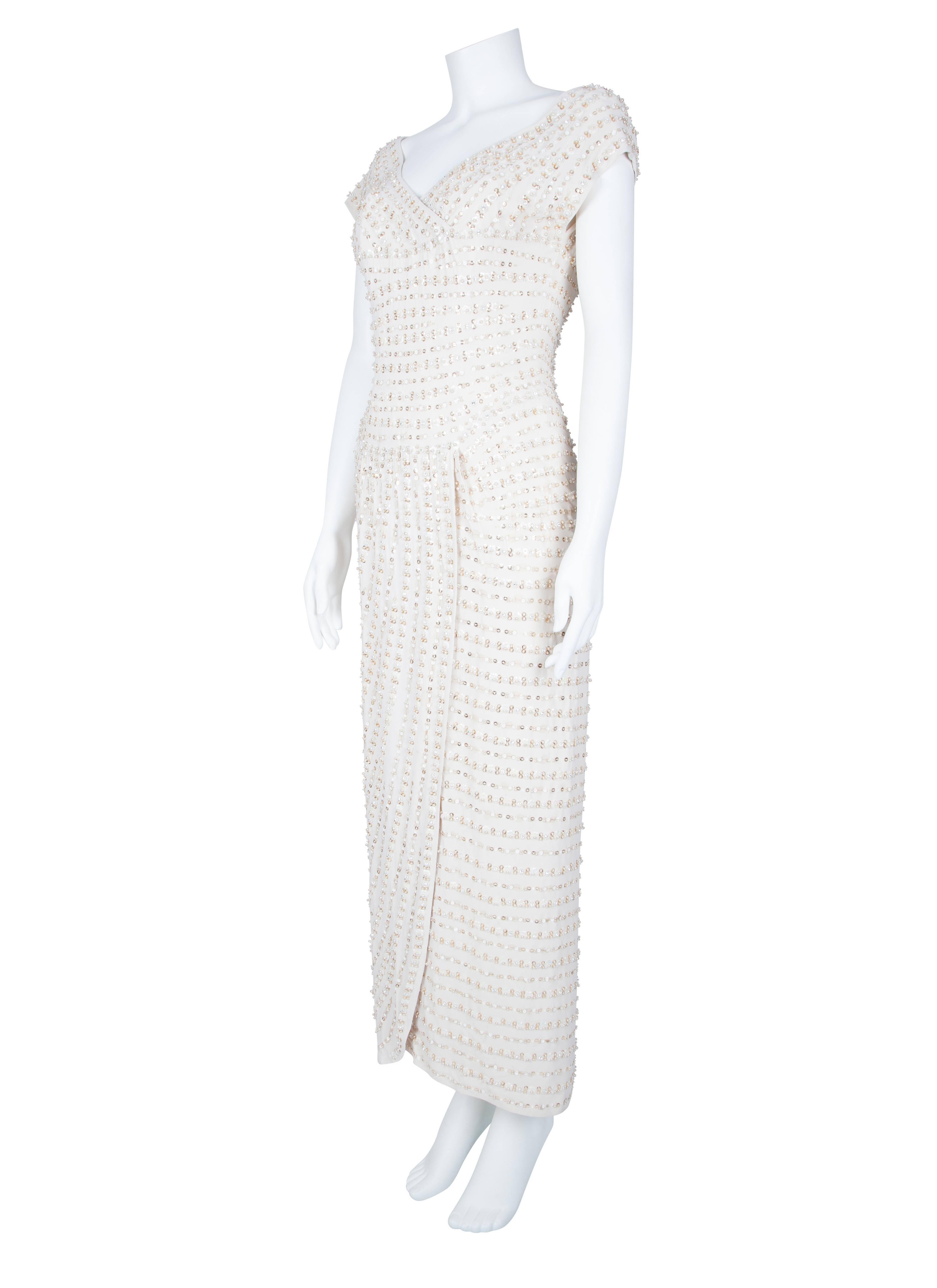 1950s Norman Hartnell Stunning Ivory Beaded Gown Approx Size UK 8 For Sale 1