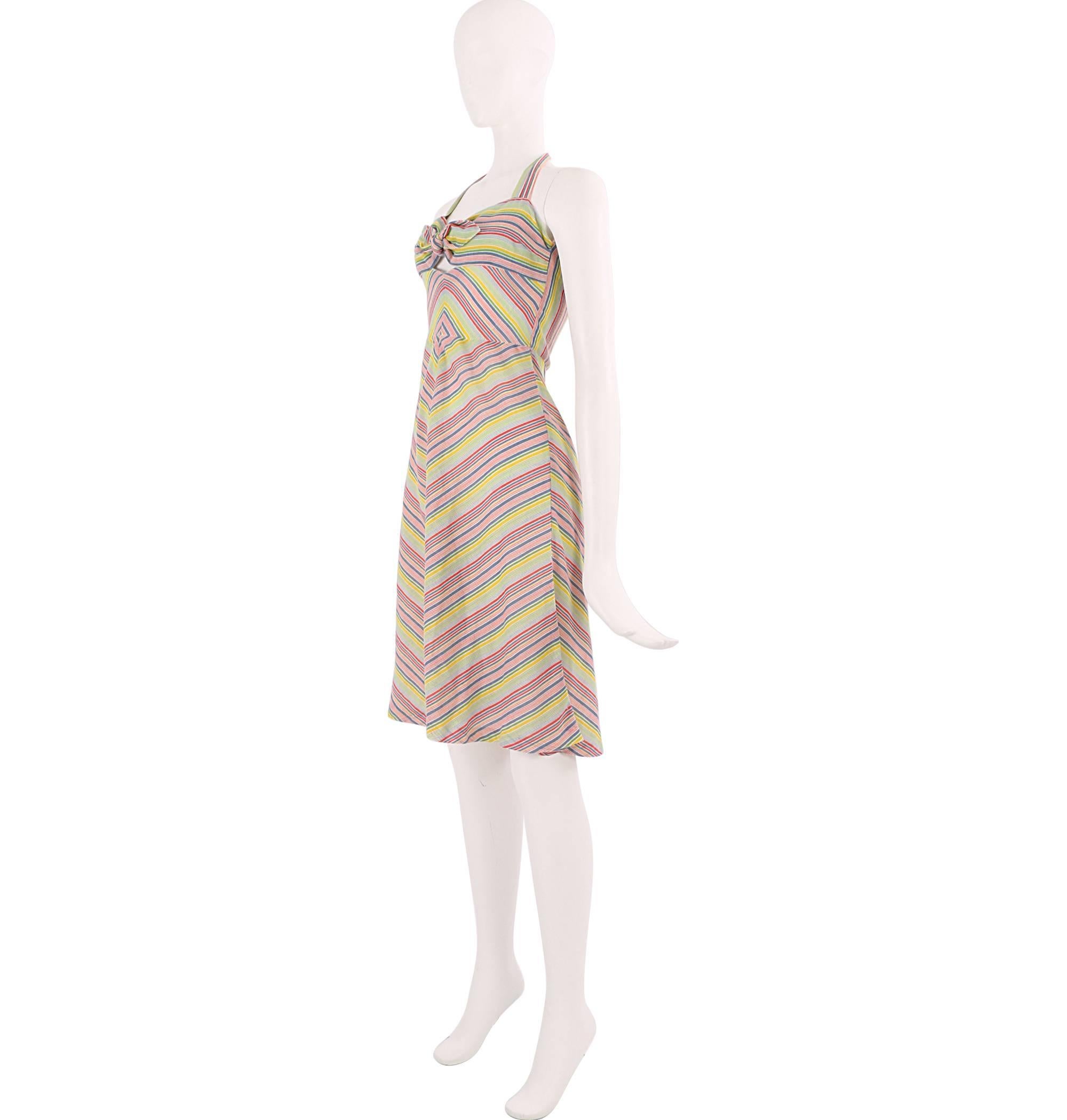 Beige 1970s Cute Rainbow Coloured Chevron Print Halterneck Dress  For Sale