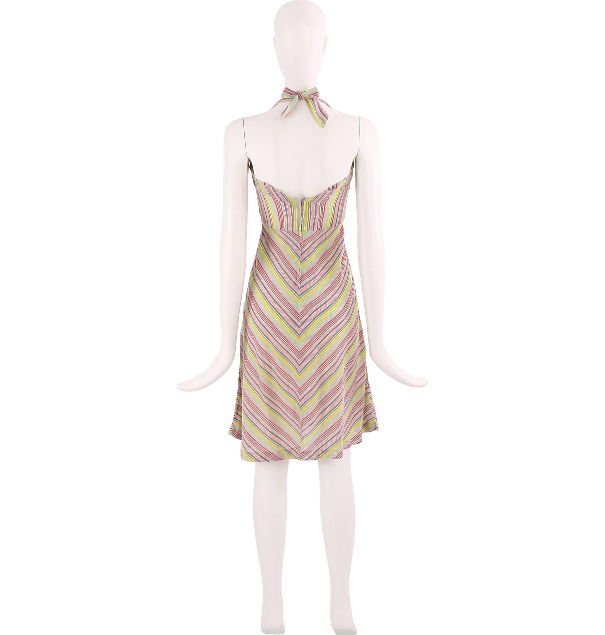 1970s Cute Rainbow Coloured Chevron Print Halterneck Dress  In Excellent Condition For Sale In London, GB