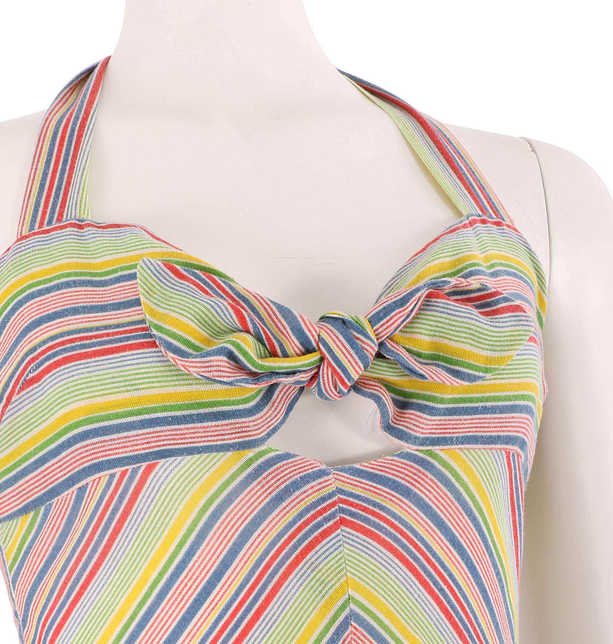 Women's 1970s Cute Rainbow Coloured Chevron Print Halterneck Dress  For Sale