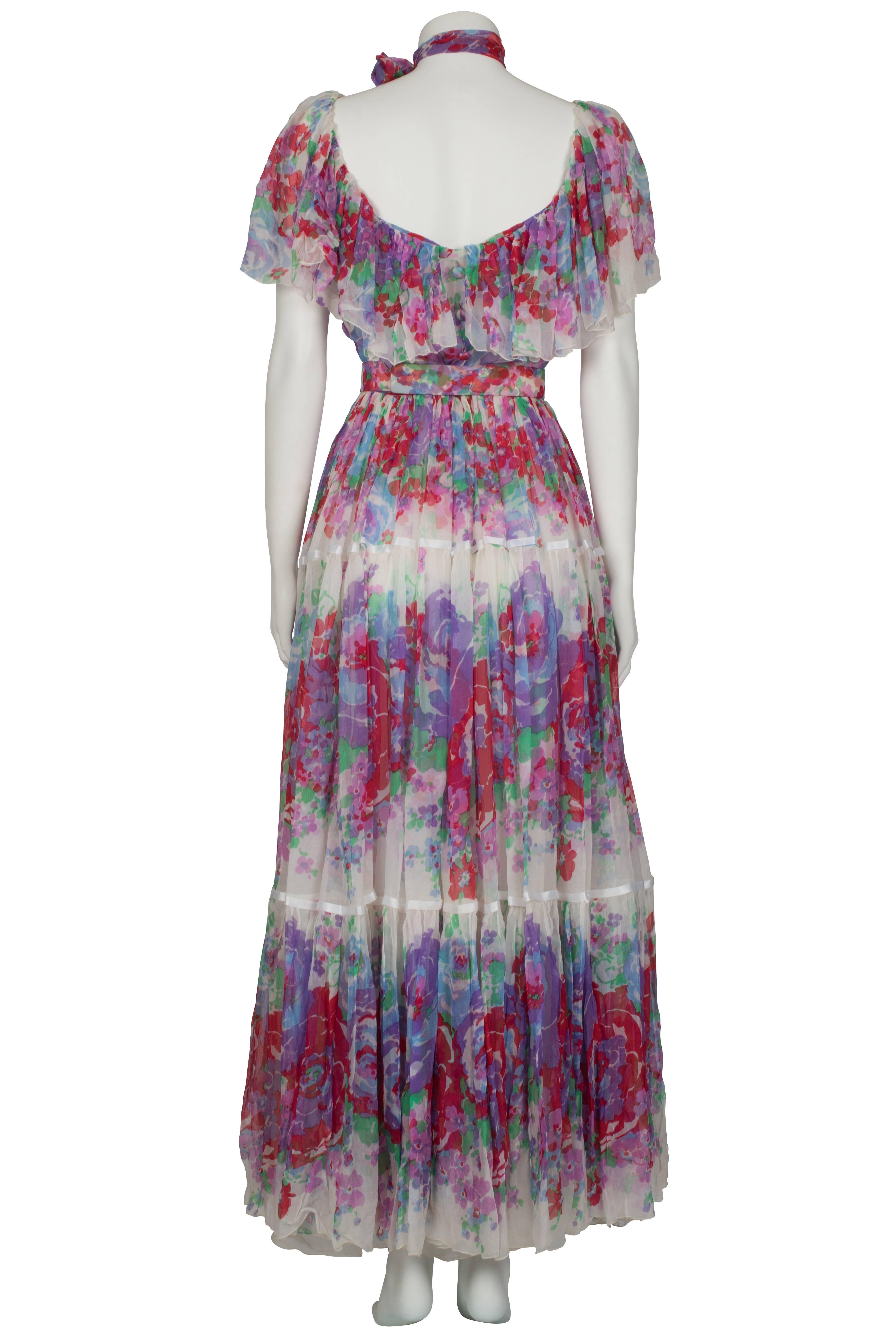Women's Harald lilac and red floral tiered dress ca 1970 For Sale