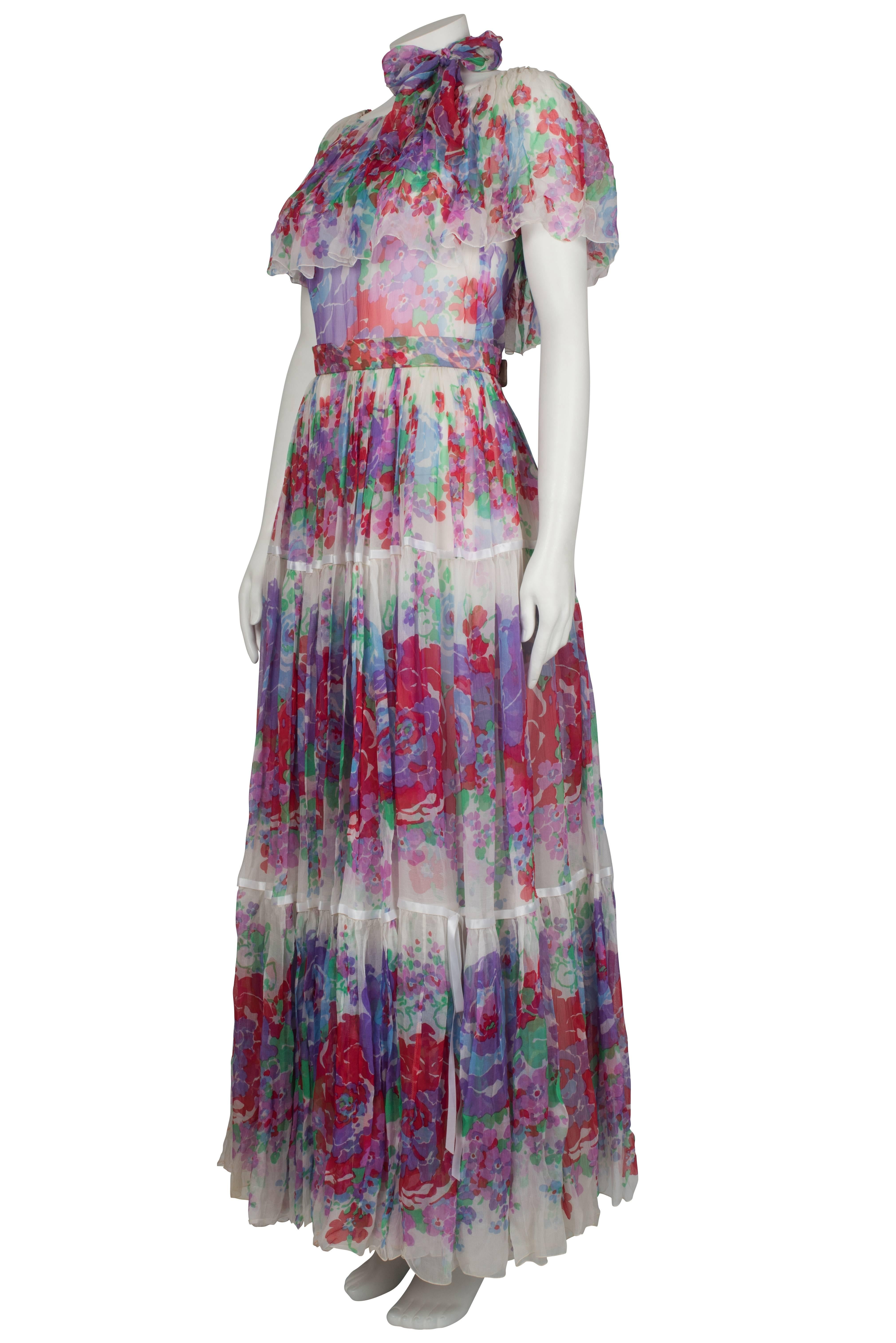 Harald lilac and red floral tiered dress ca 1970 For Sale 1