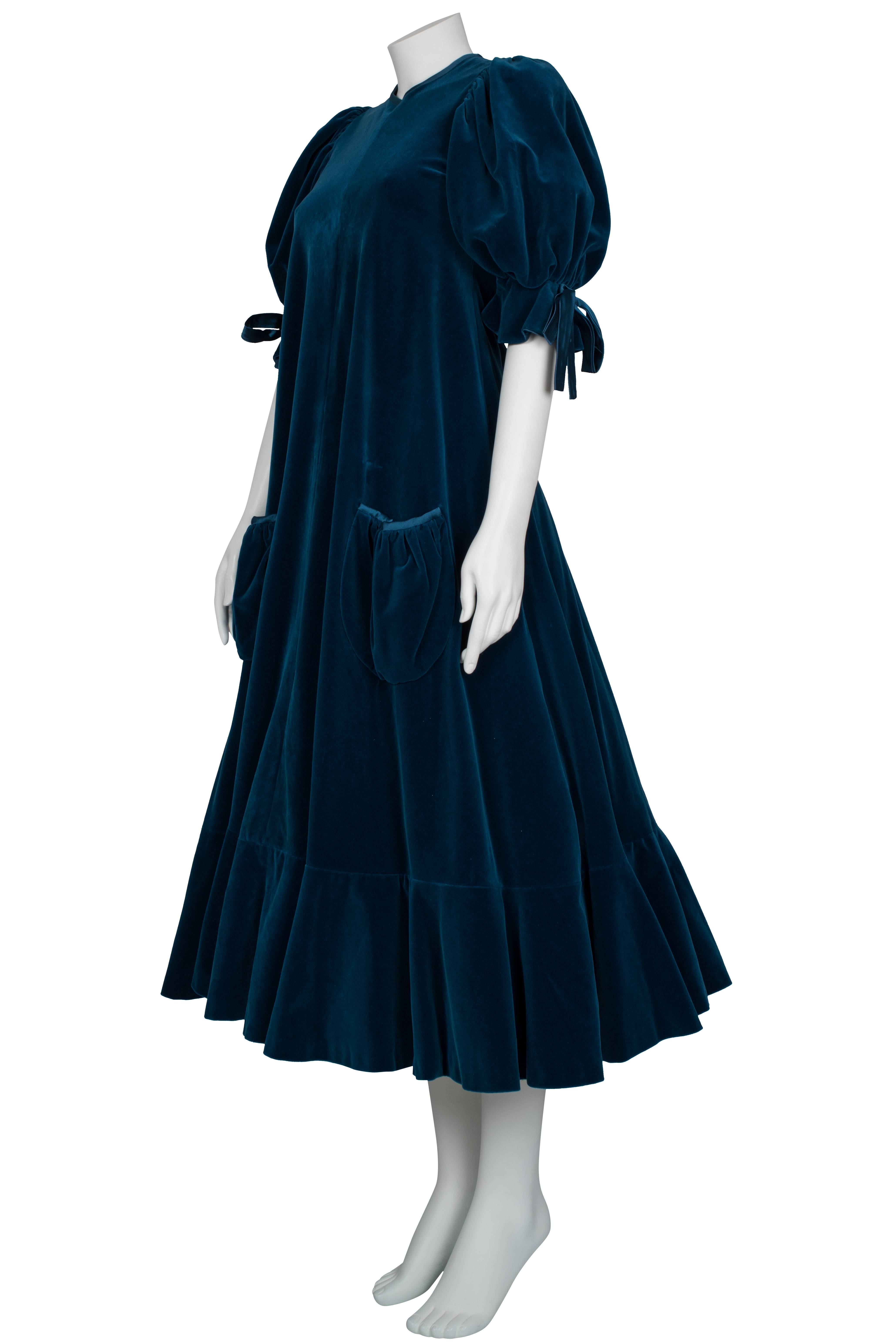 Women's Gina Fratini blue velvet puff sleeve dress ca 1970