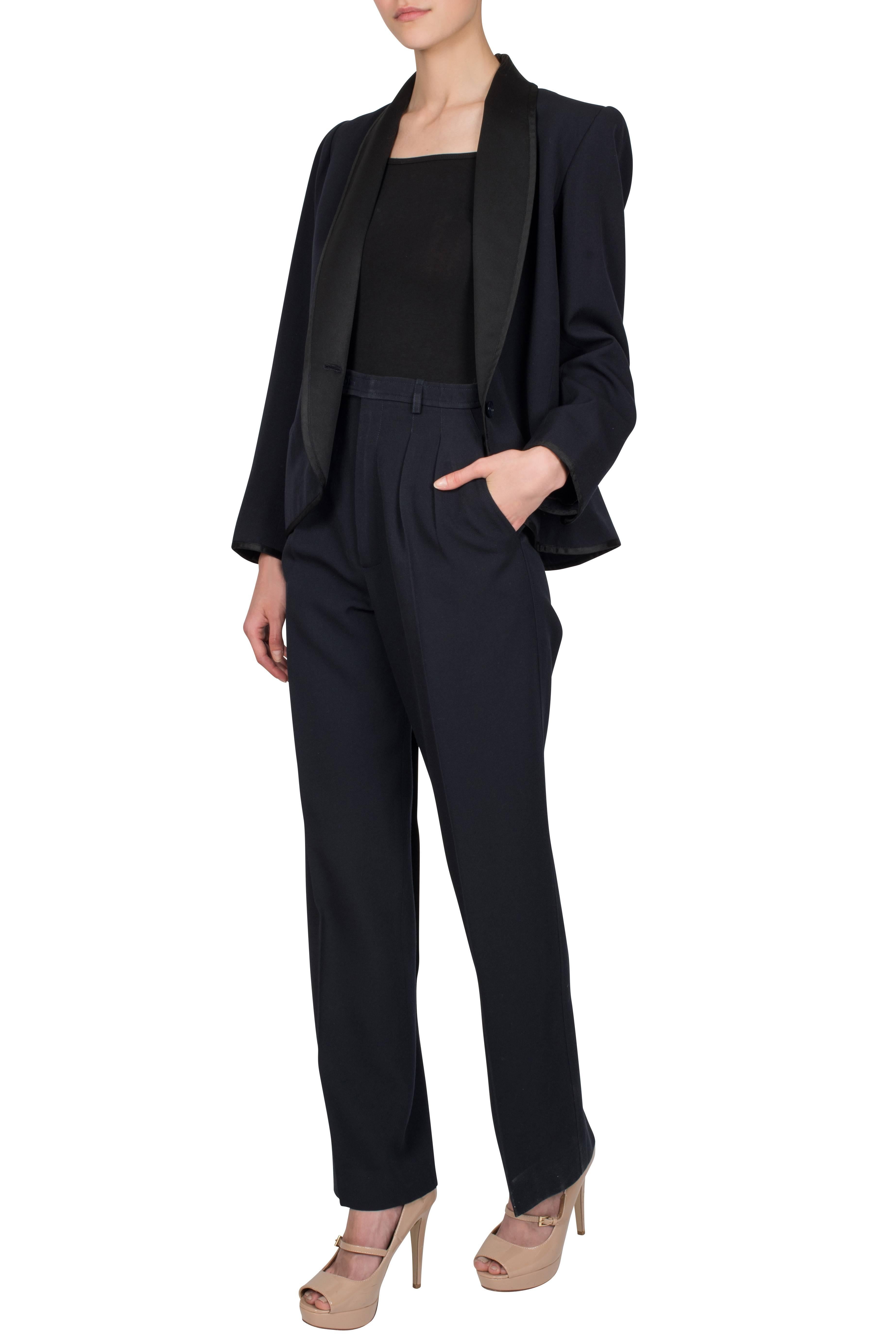 smoking evening ensemble comprising tuxedo style jacket and pants and black silk chiffon blouse