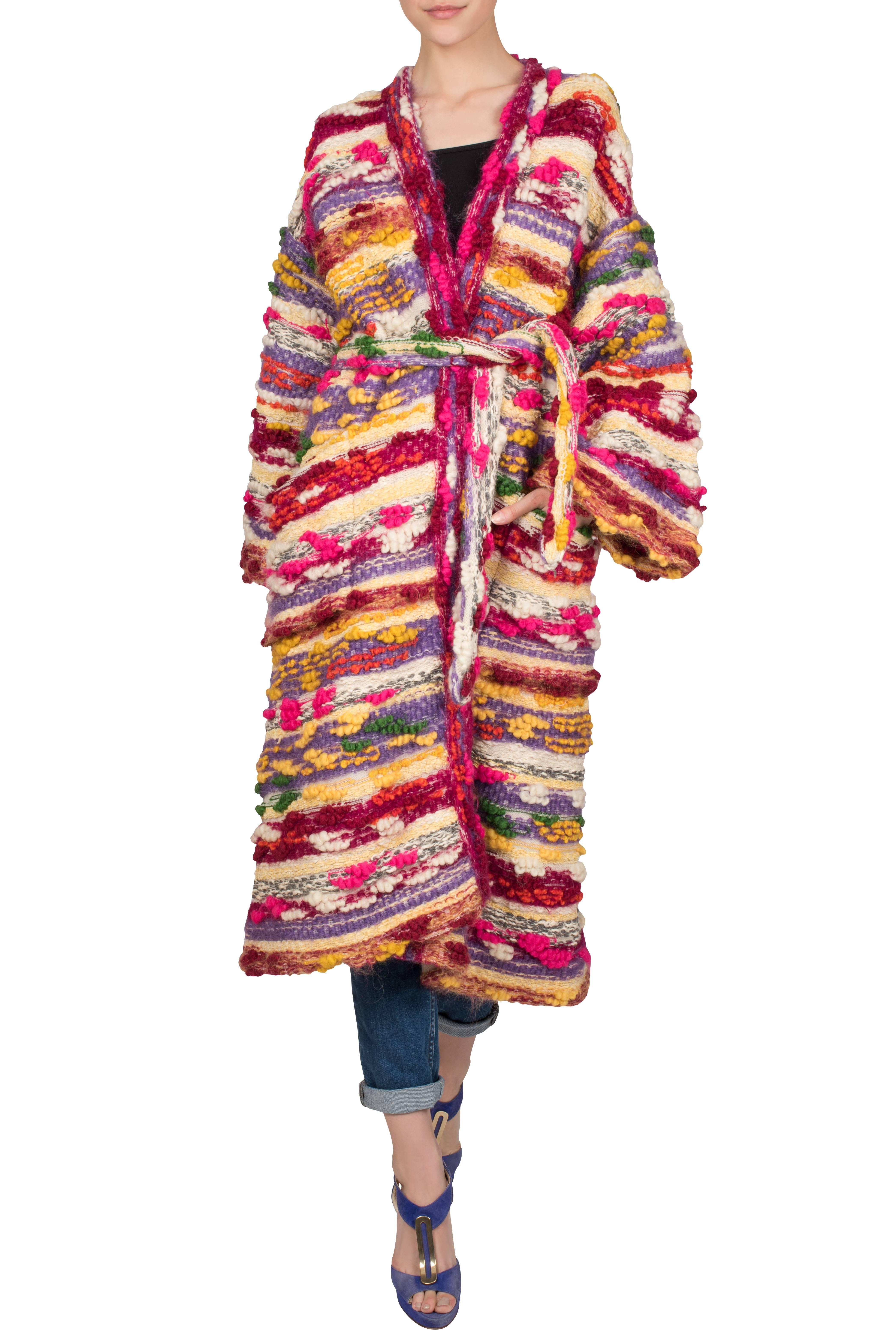 Brown Lucienne's Multicoloured Wool Bobble Knit Coat ca 1970 For Sale