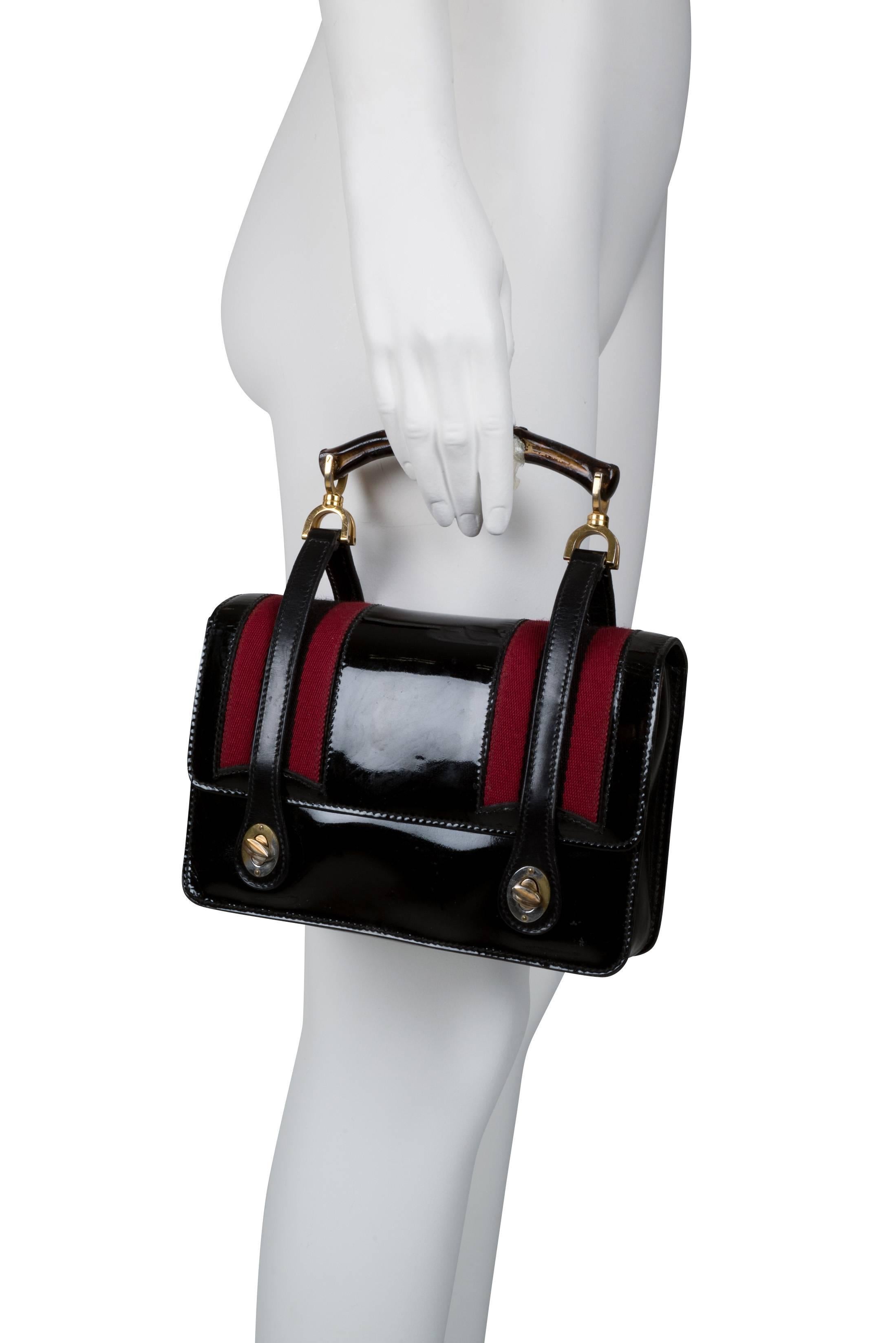 1960's Gucci Black Patent Leather & Bamboo Lunch Box Bag In Excellent Condition For Sale In London, GB