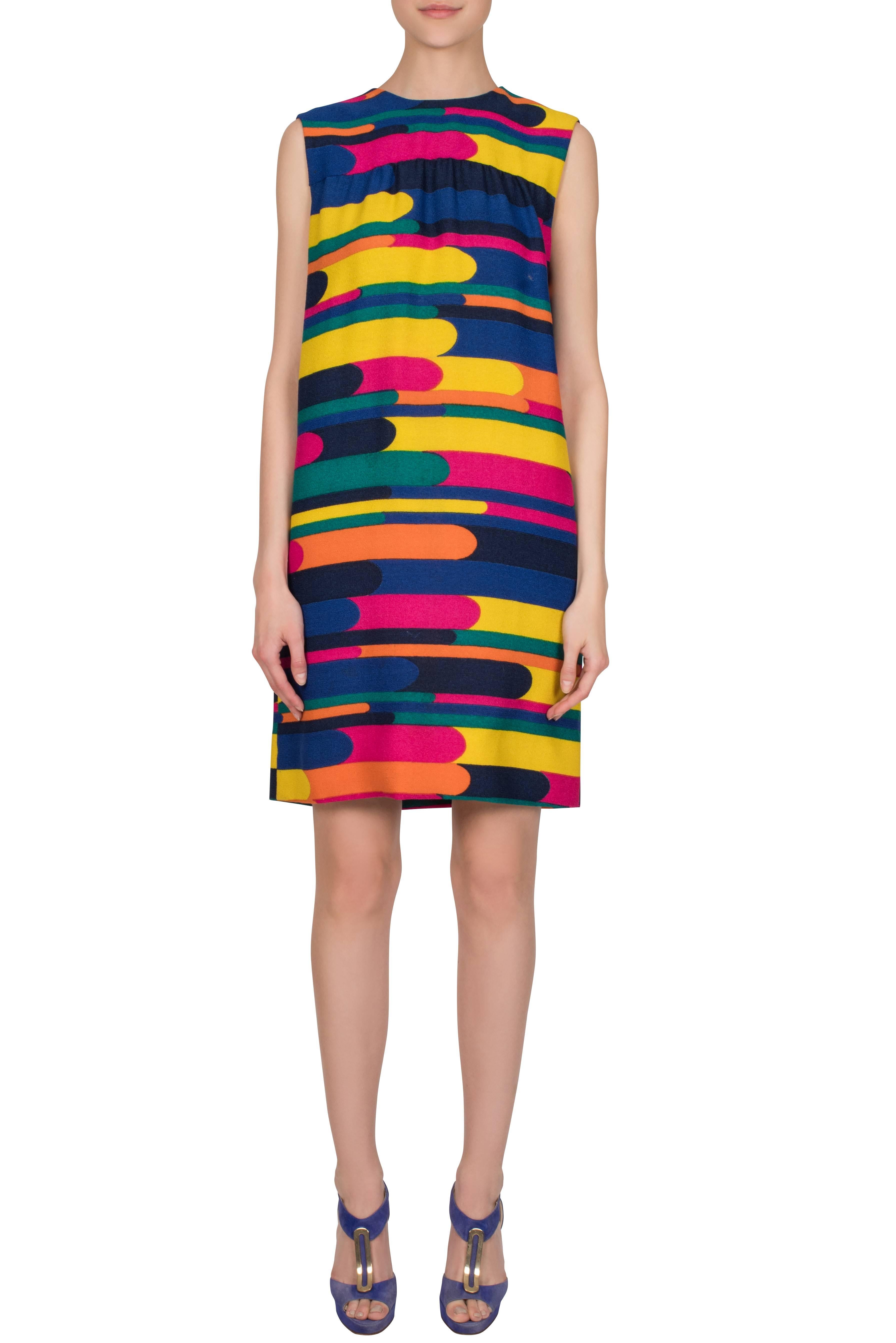 1960's Bright Rainbow Striped Boucle Shift Dress For Sale at 1stDibs