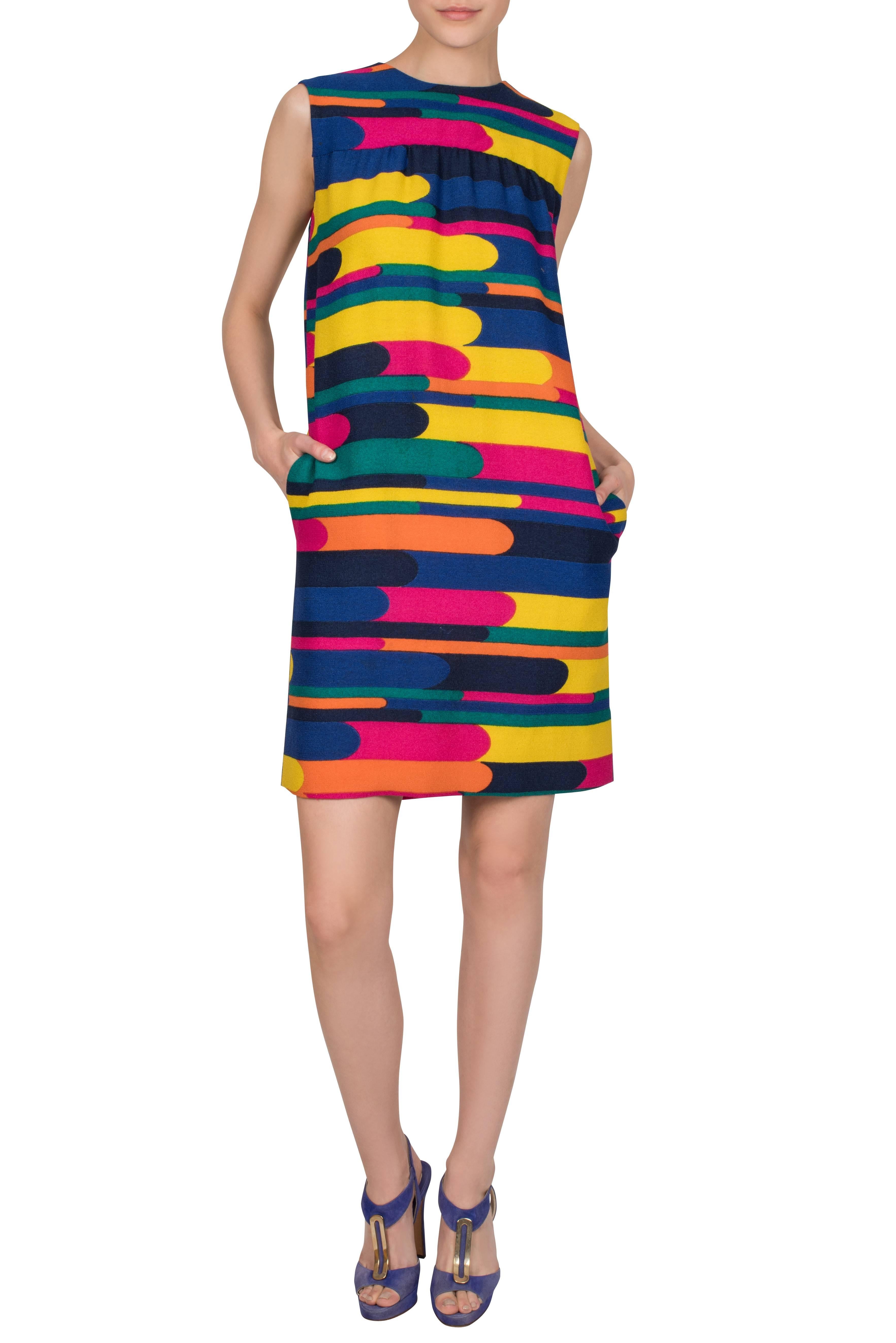 Women's 1960's Bright Rainbow Striped Boucle Shift Dress For Sale