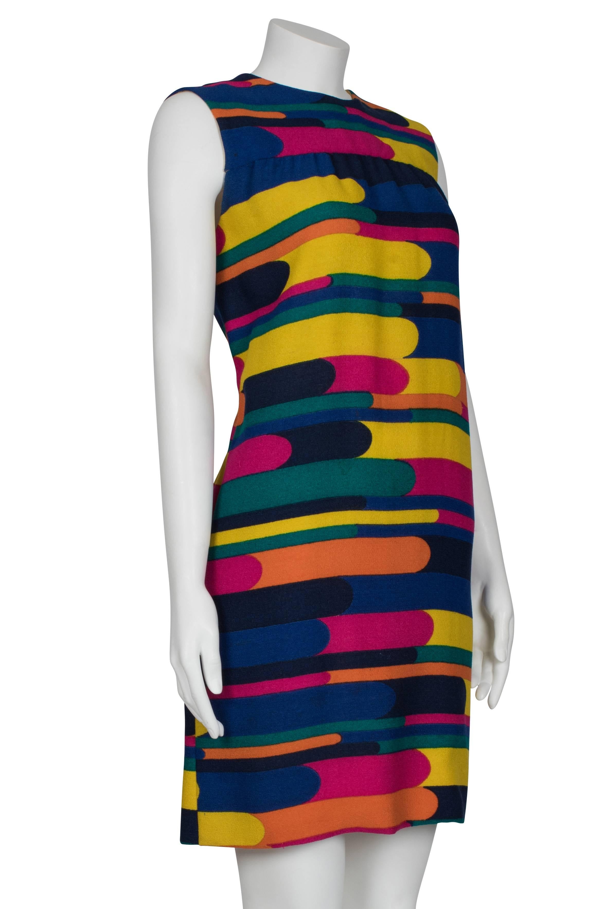 1960's Bright Rainbow Striped Boucle Shift Dress For Sale 1