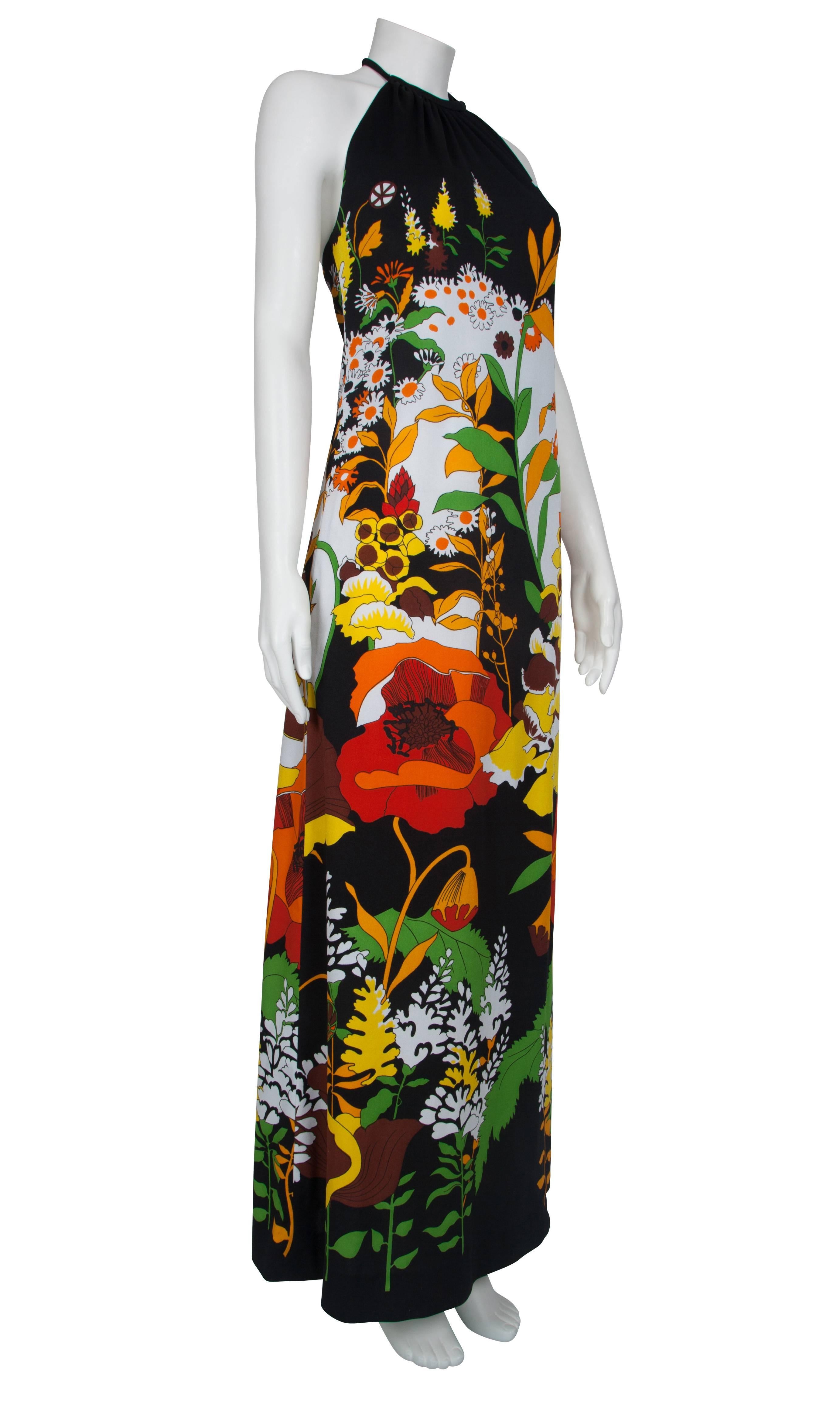 Women's 1970's Black & Vibrant Print Halter Dress