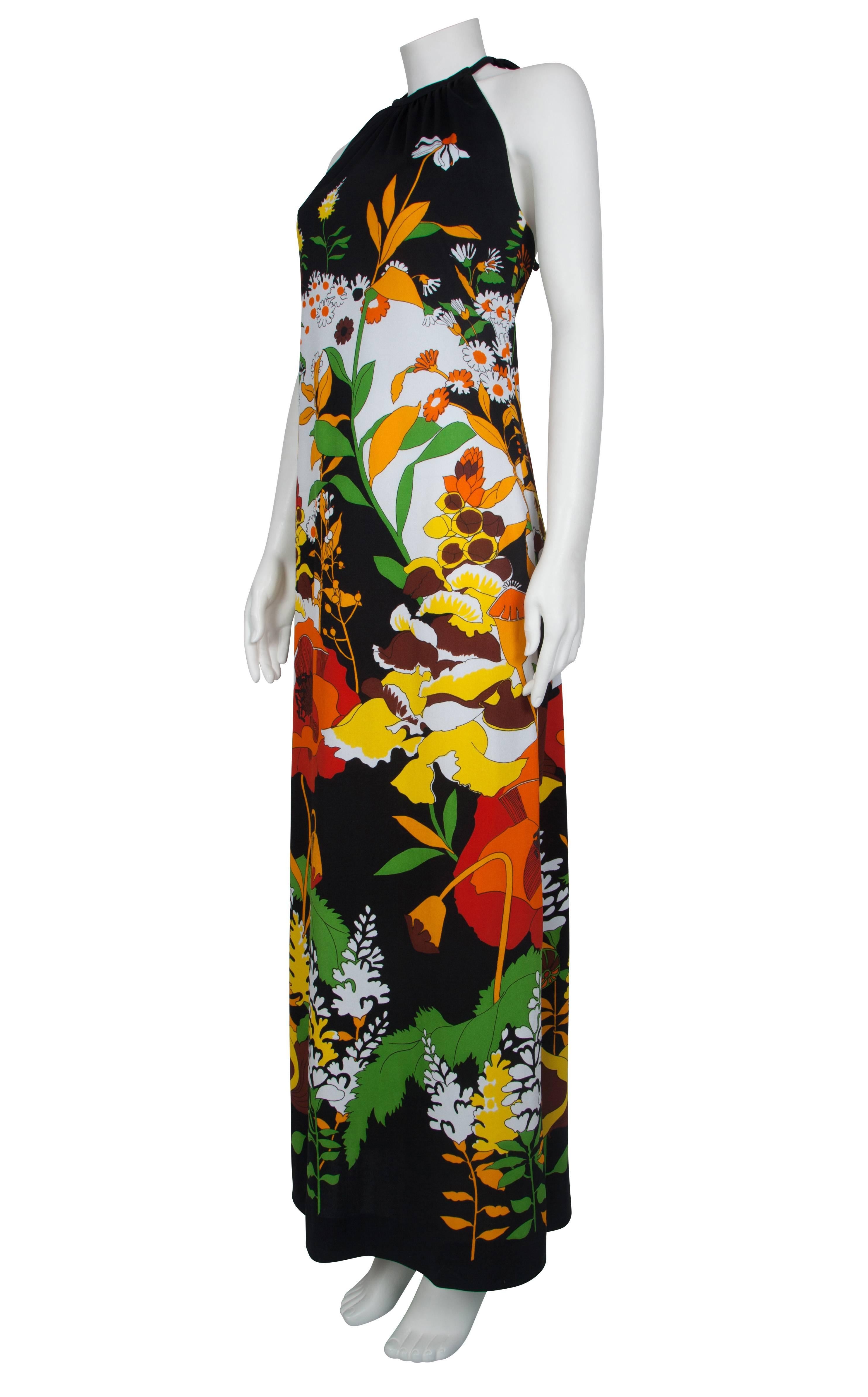 1970's Black & Vibrant Print Halter Dress 2