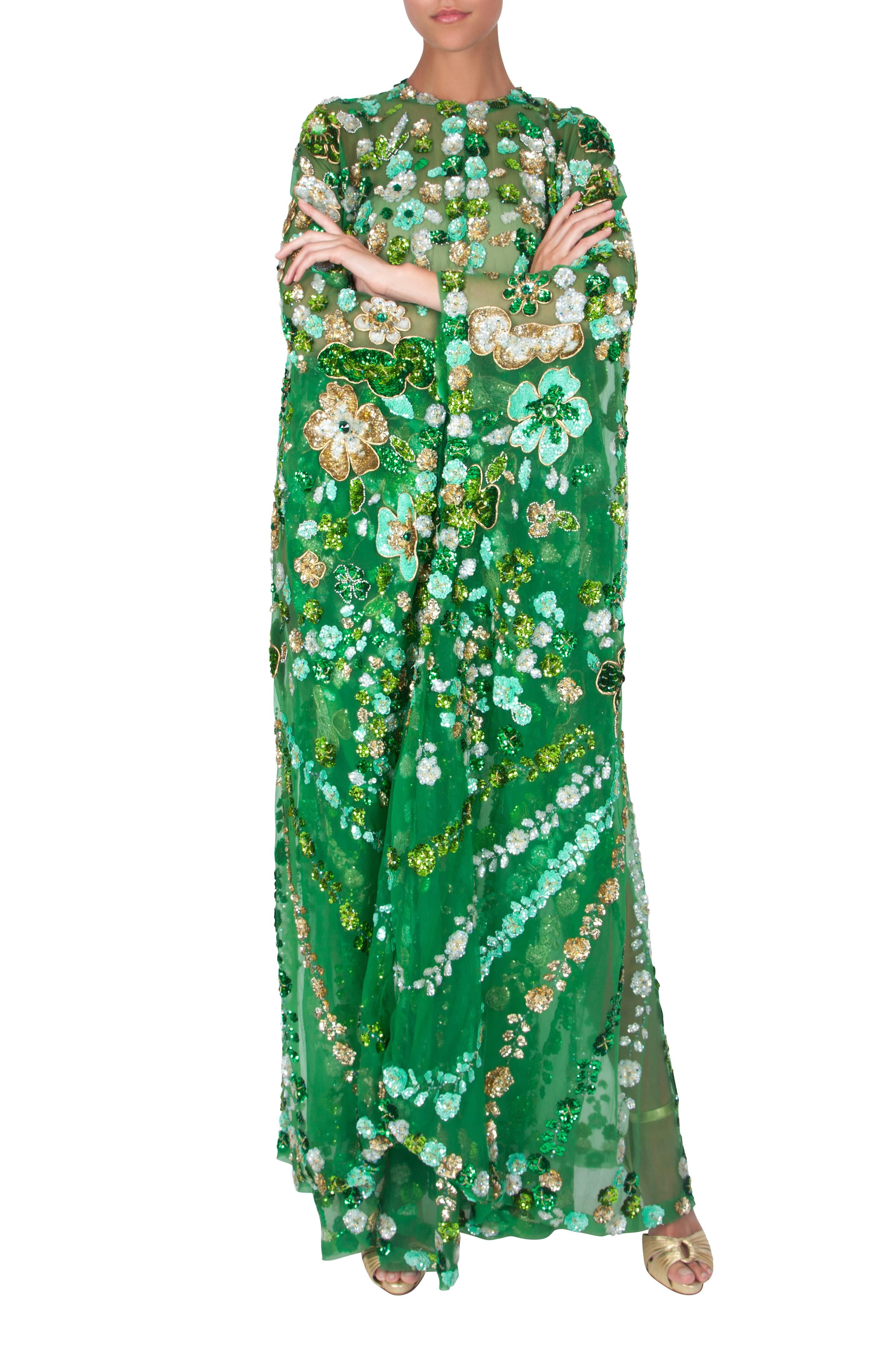 1970's Arabesque Jewelled Green Silk Chiffon Caftan In Excellent Condition In London, GB