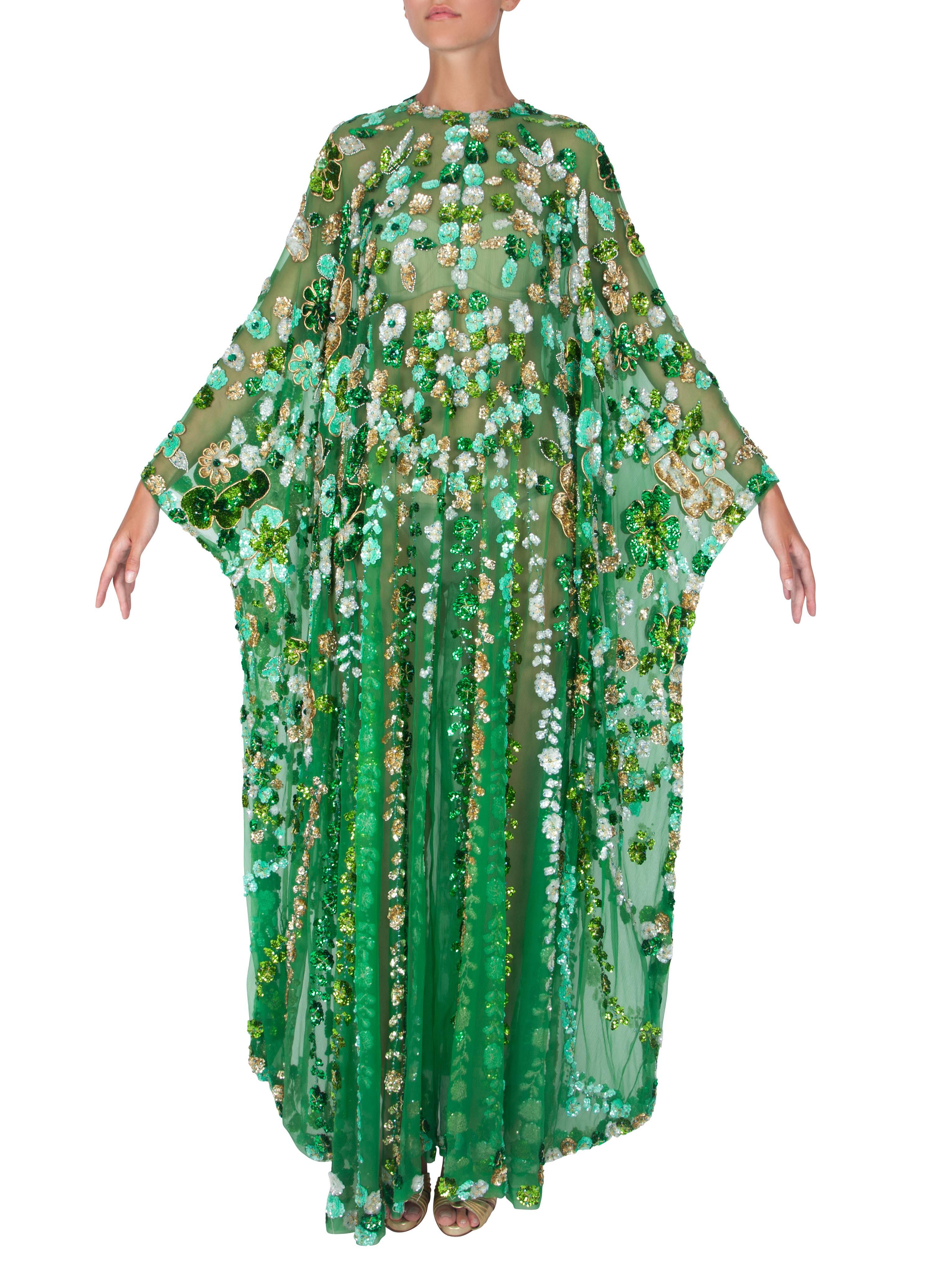 Women's 1970's Arabesque Jewelled Green Silk Chiffon Caftan
