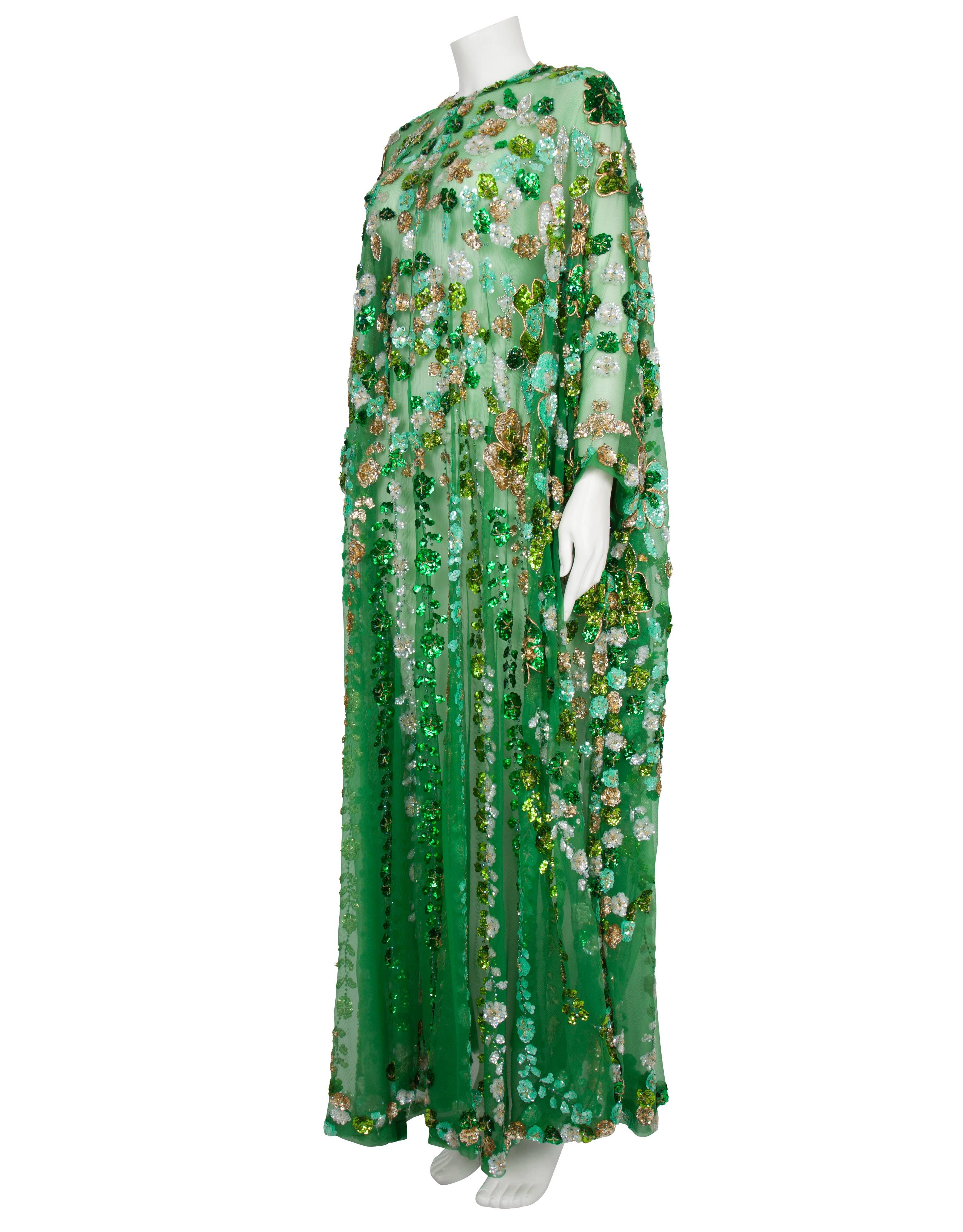 1970's Arabesque Jewelled Green Silk Chiffon Caftan 2