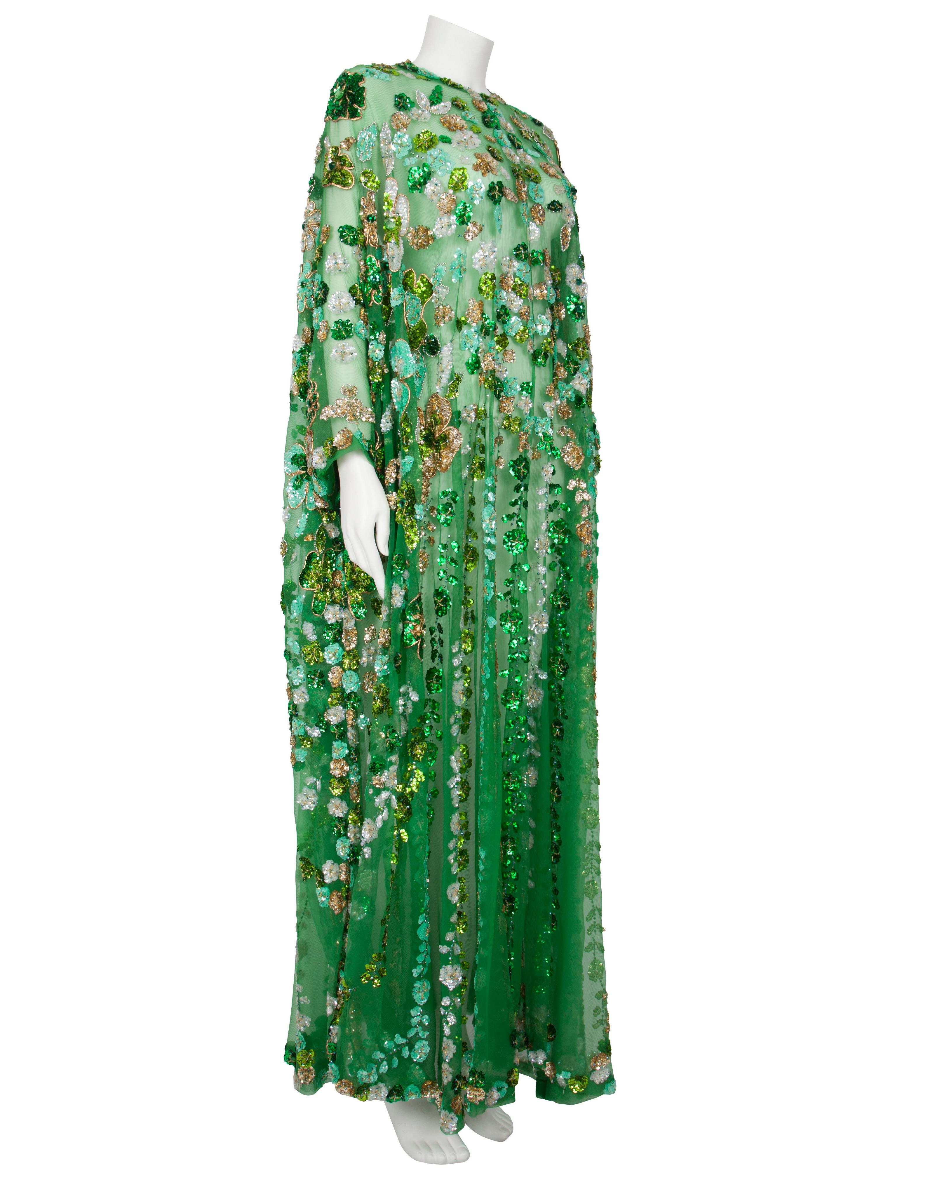 1970's Arabesque Jewelled Green Silk Chiffon Caftan 3