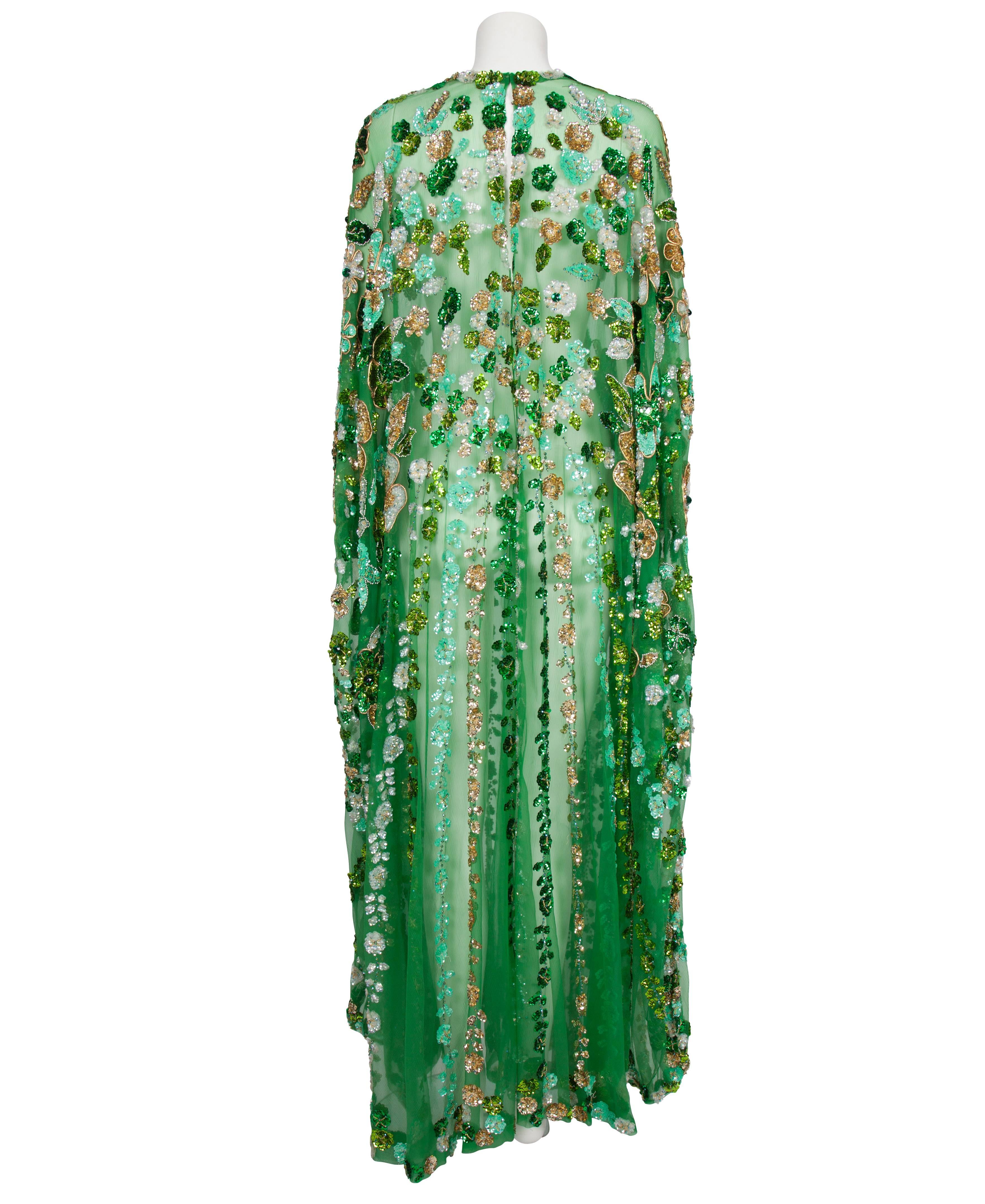 1970's Arabesque Jewelled Green Silk Chiffon Caftan 4