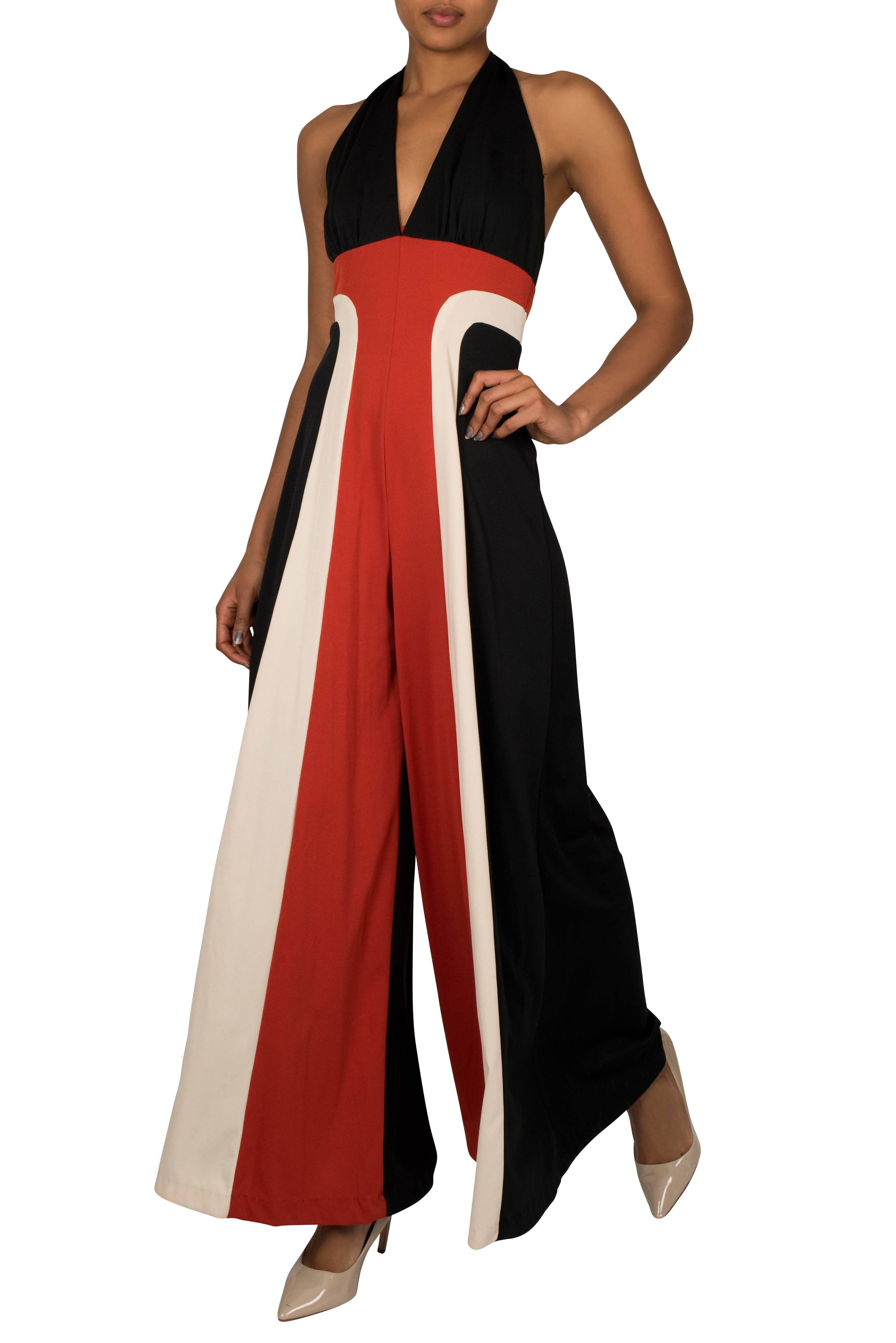 1970's Black and Red Racing Stripes Halter Jumpsuit In Excellent Condition In London, GB