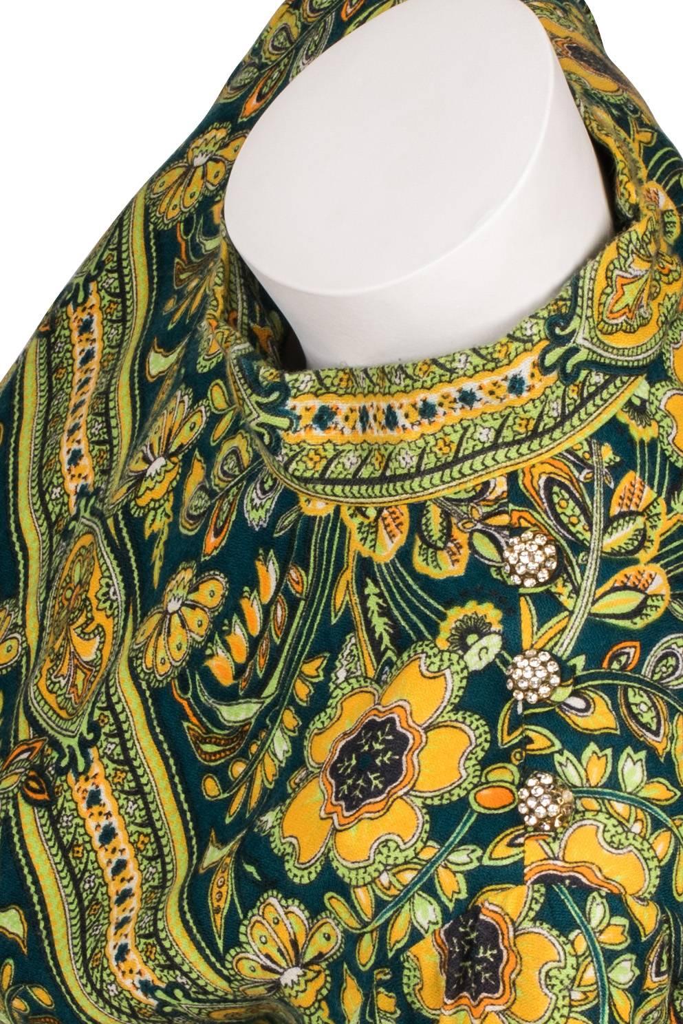 Late 1960's Leslie Fay Green and Yellow Floral Paisley Drop Waist Dress 2