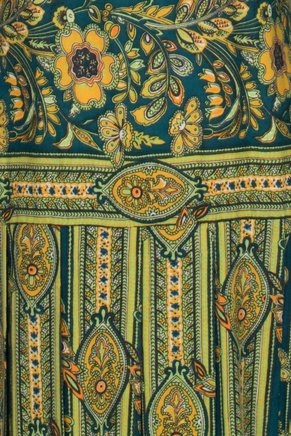 Late 1960's Leslie Fay Green and Yellow Floral Paisley Drop Waist Dress 3