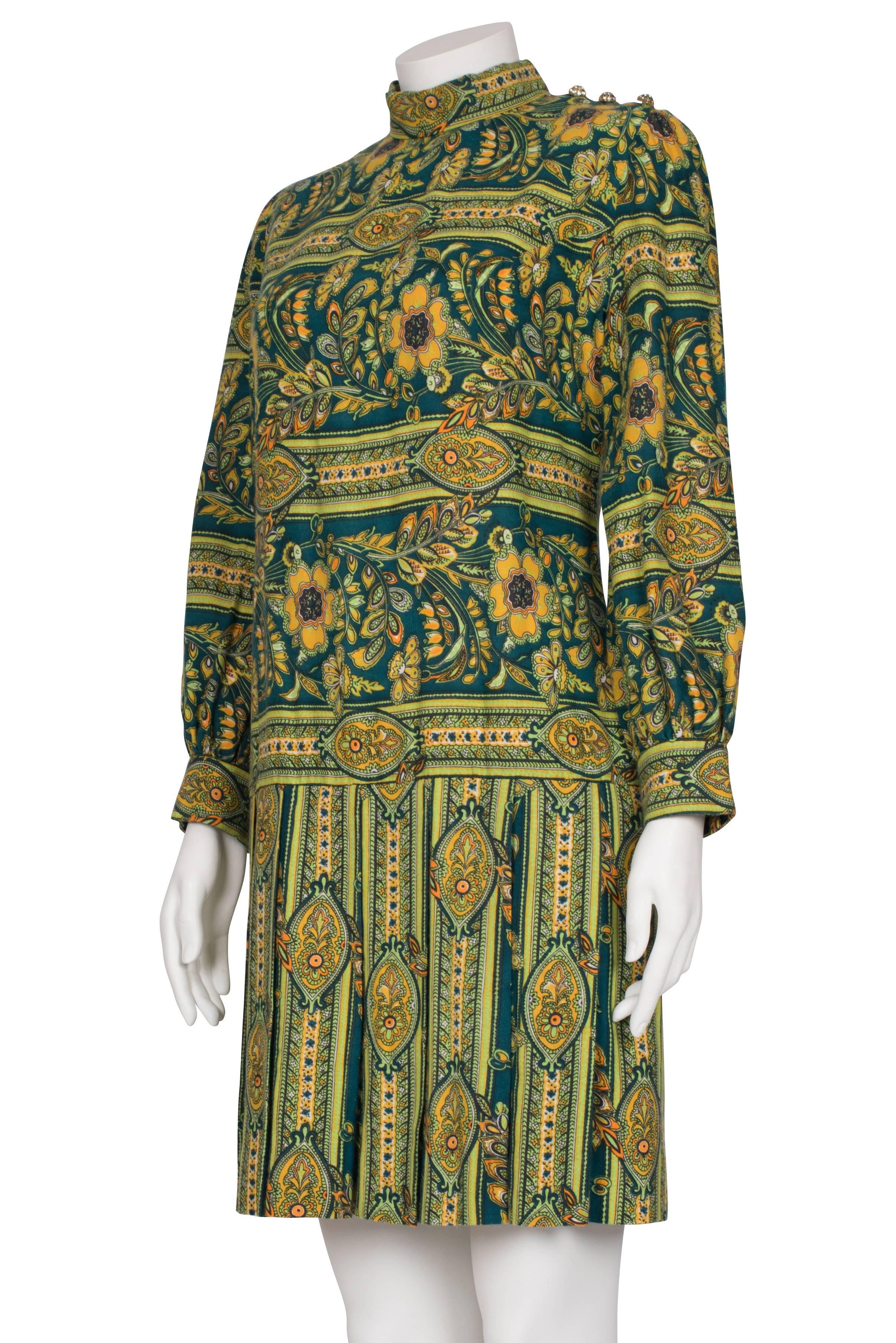 Late 1960's Leslie Fay Green and Yellow Floral Paisley Drop Waist Dress 1