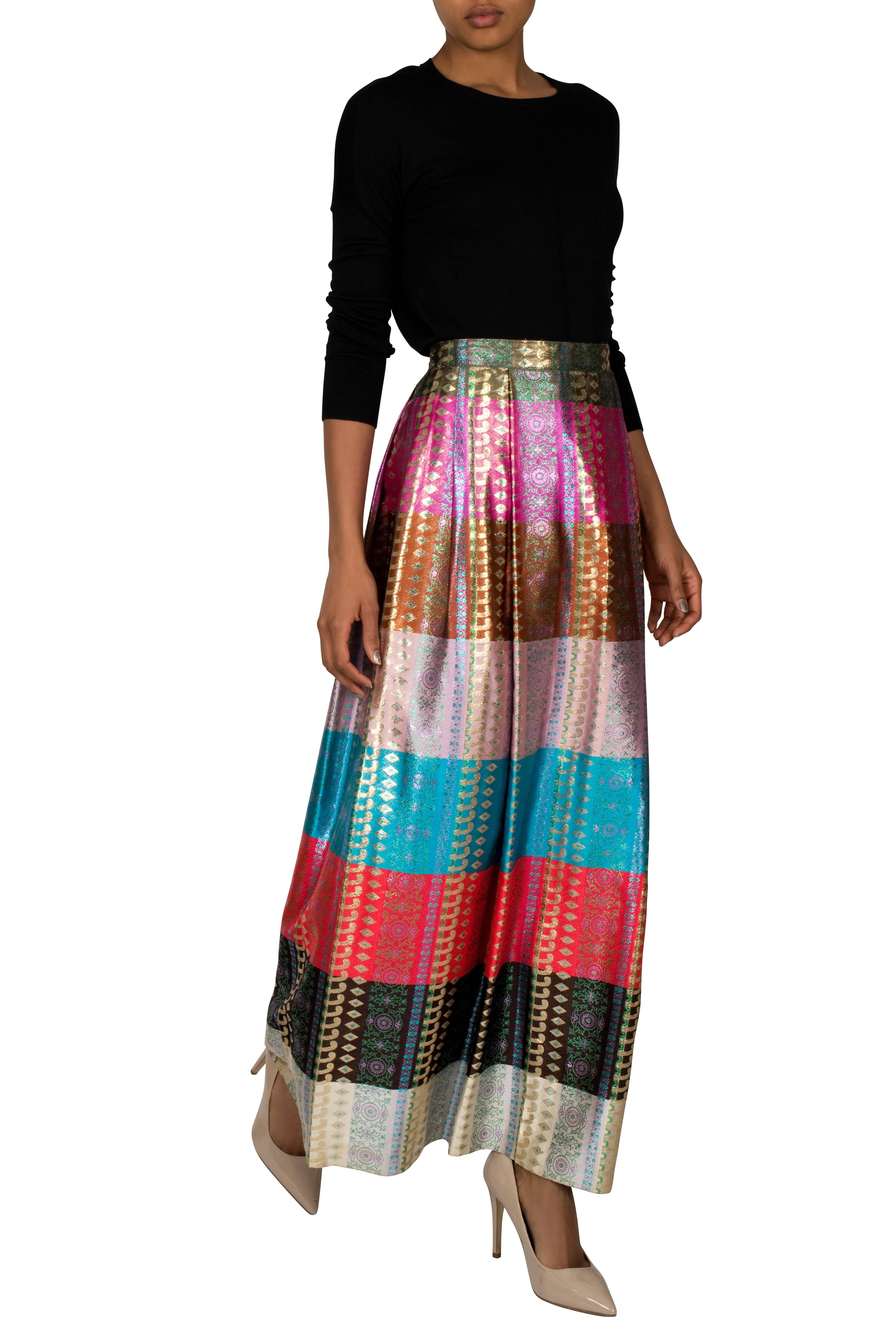 Brown 1970's Multicolour Metallic Striped Brocade Maxi Skirt For Sale