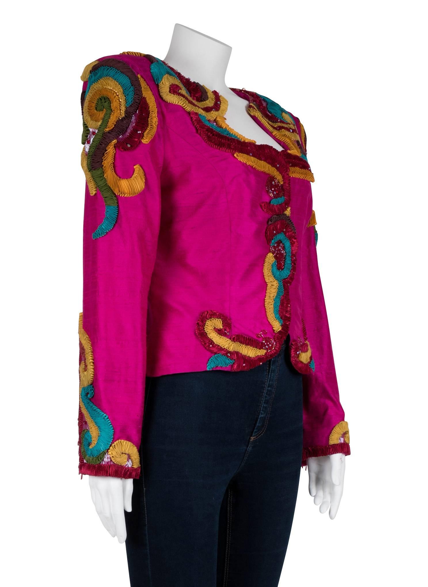 1980's Victor Costa Silk Embellished Jacket   In Excellent Condition For Sale In London, GB
