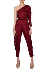 1980's Burgundy Jersey One Shoulder Parachute Jumpsuit