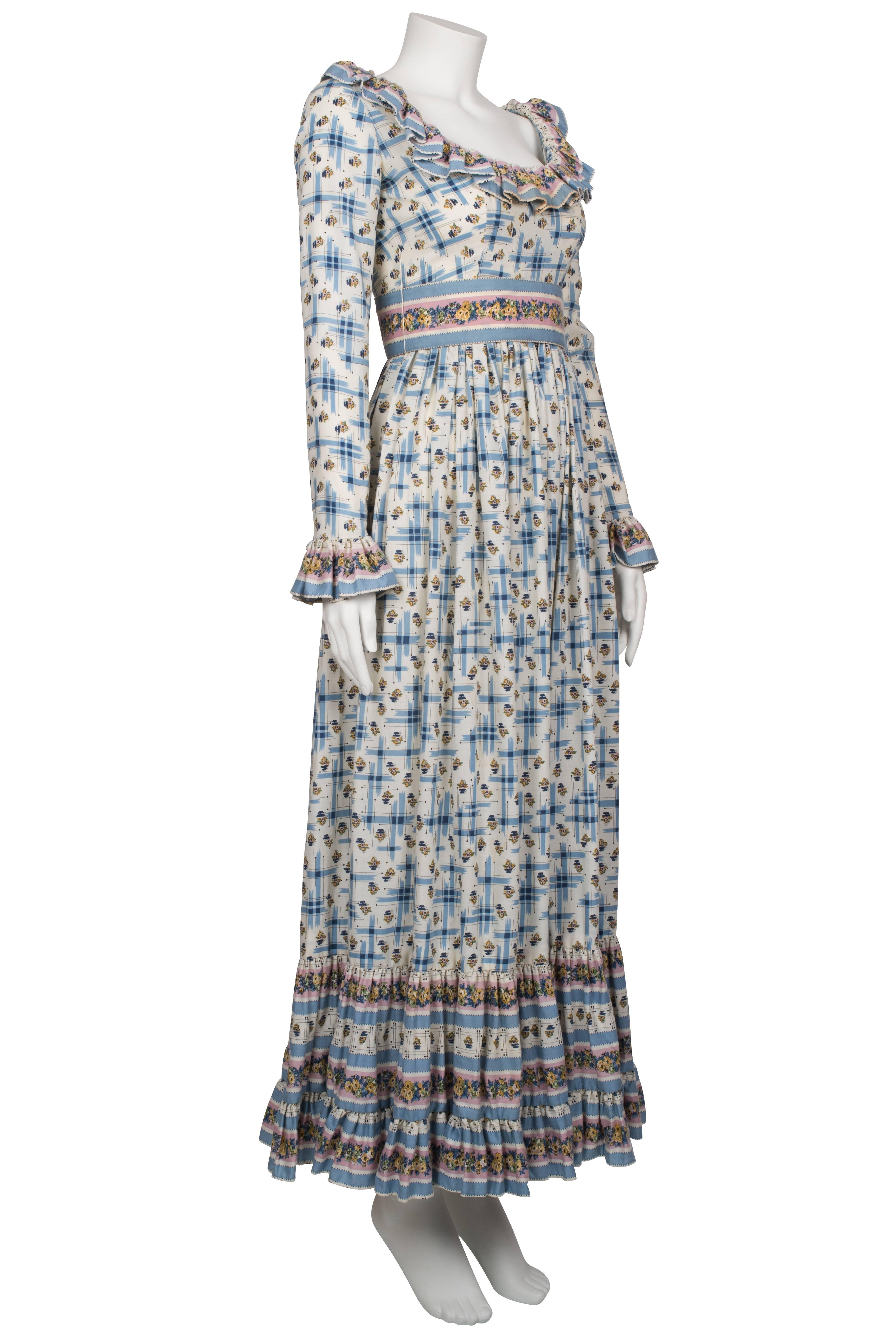 1970's Victor Costa Prairie Style Cotton Dress  In Excellent Condition For Sale In London, GB