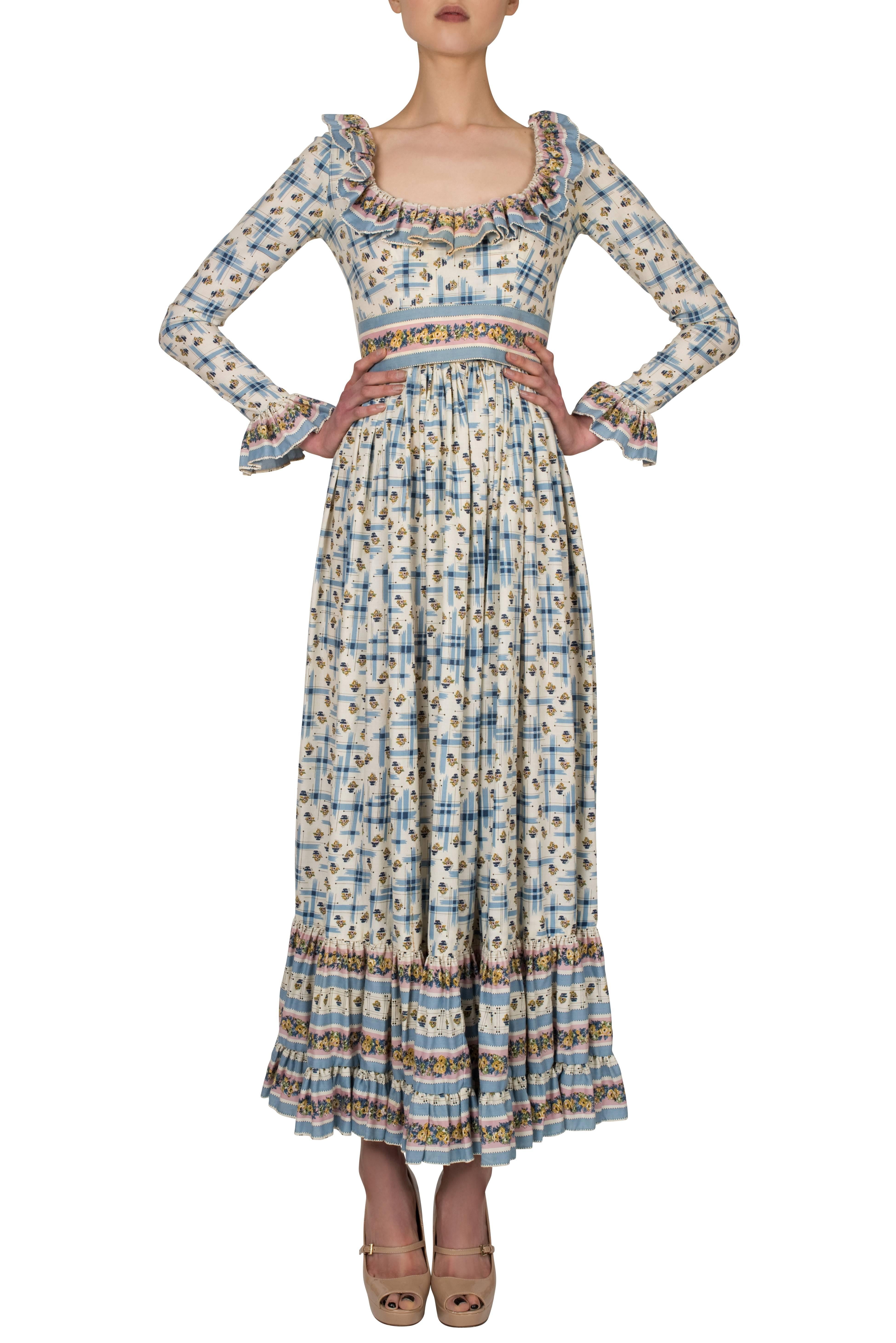 Gray 1970's Victor Costa Prairie Style Cotton Dress  For Sale