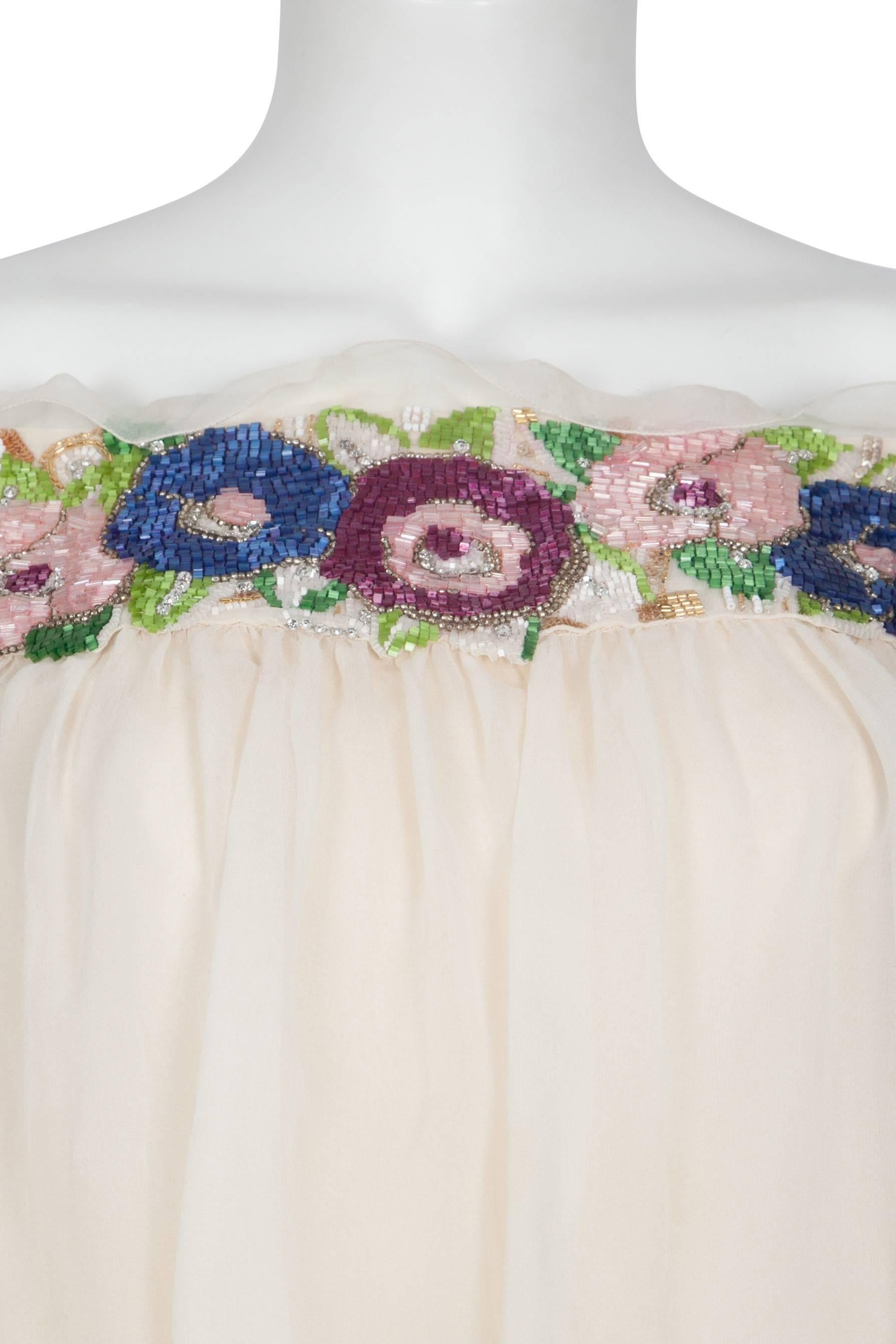 1980's Christian Dior Ivory Chiffon Dress with Floral Beaded Collar For Sale 2
