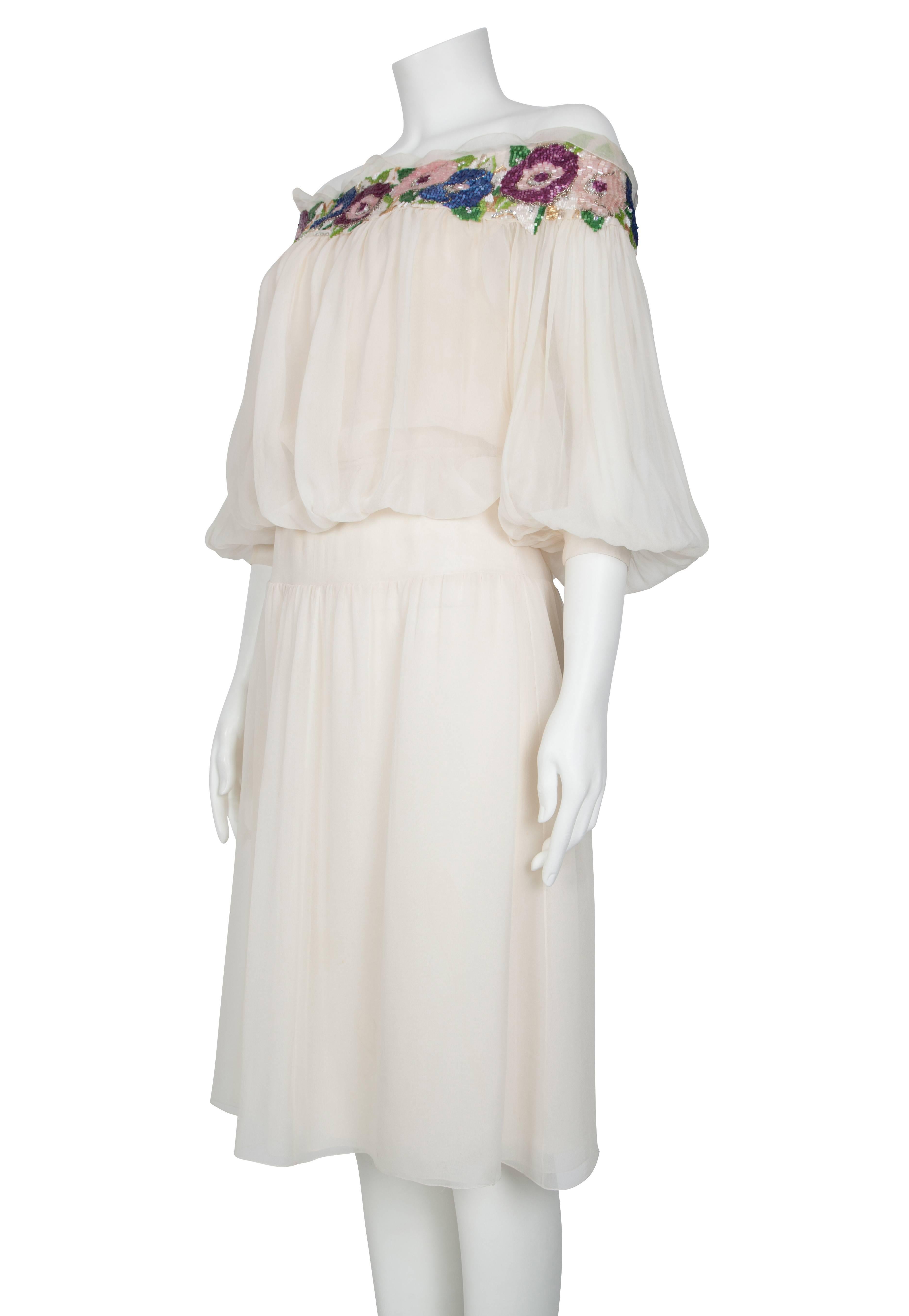 1980's Christian Dior Ivory Chiffon Dress with Floral Beaded Collar For Sale 1