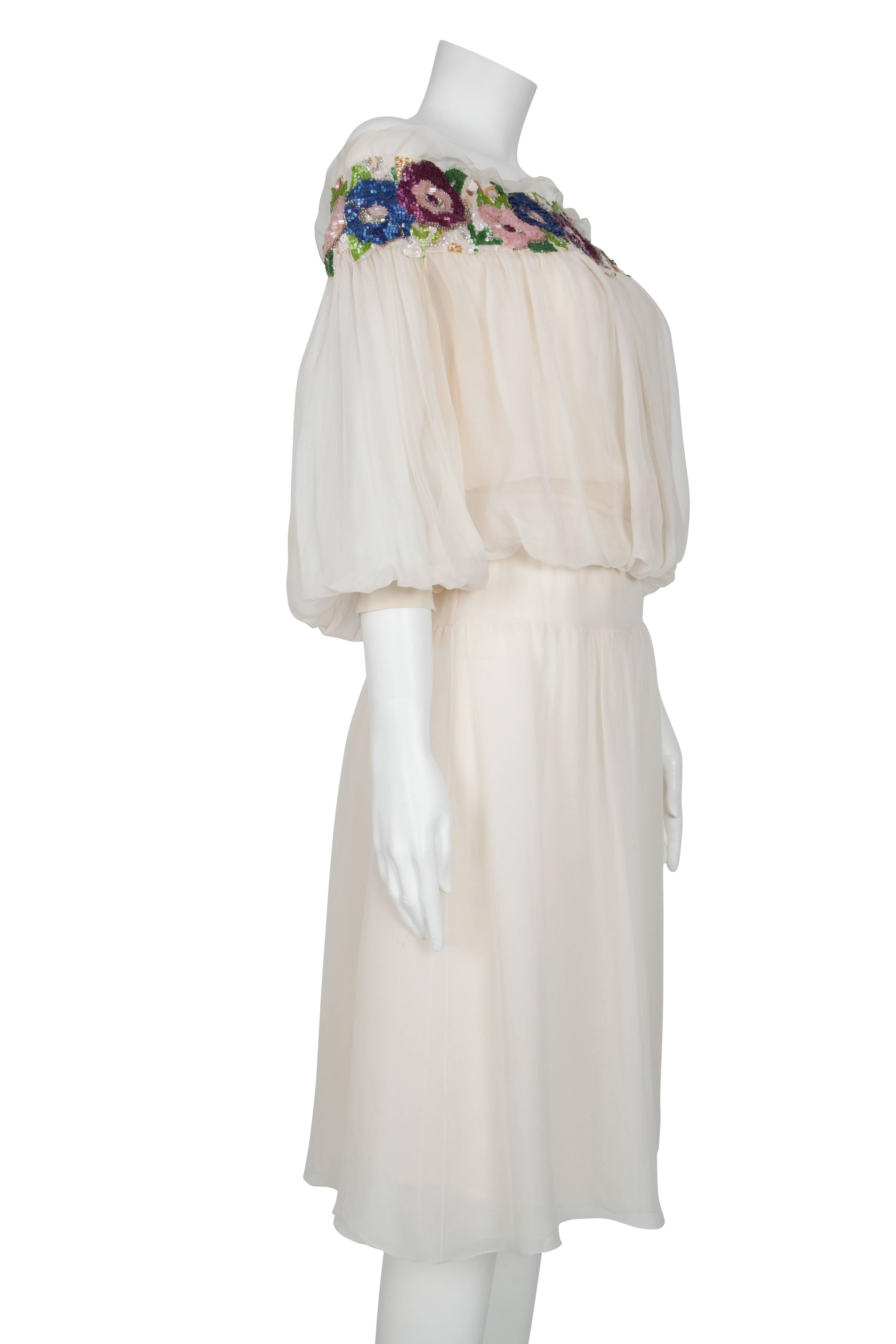 1980's Christian Dior Ivory Chiffon Dress with Floral Beaded Collar In Excellent Condition For Sale In London, GB