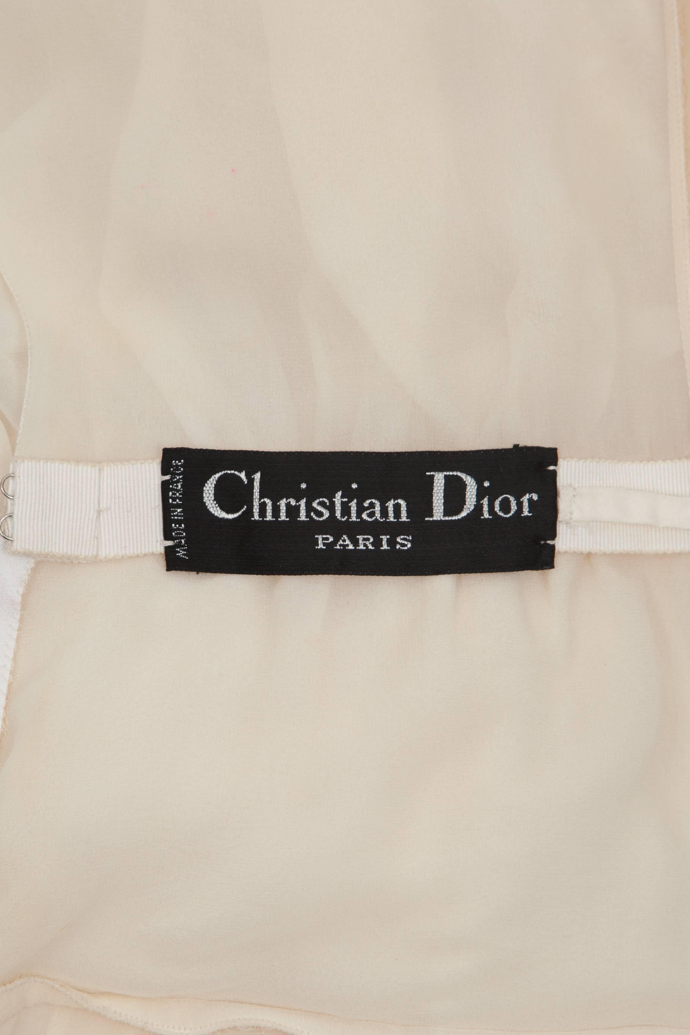 1980's Christian Dior Ivory Chiffon Dress with Floral Beaded Collar For Sale 4