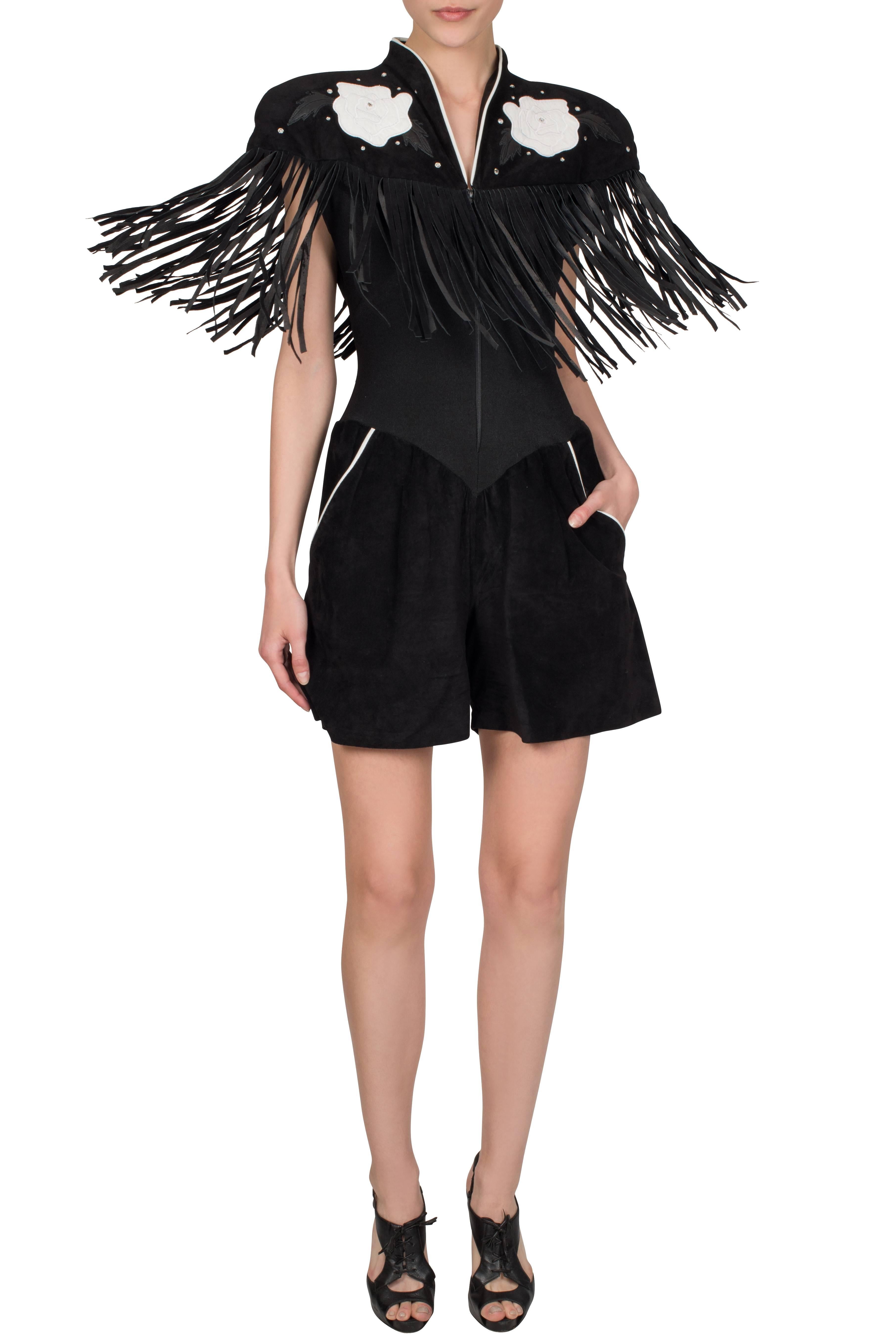 1980's Caché Black Suede Fringed Romper with White Flower Appliqué In Excellent Condition In London, GB