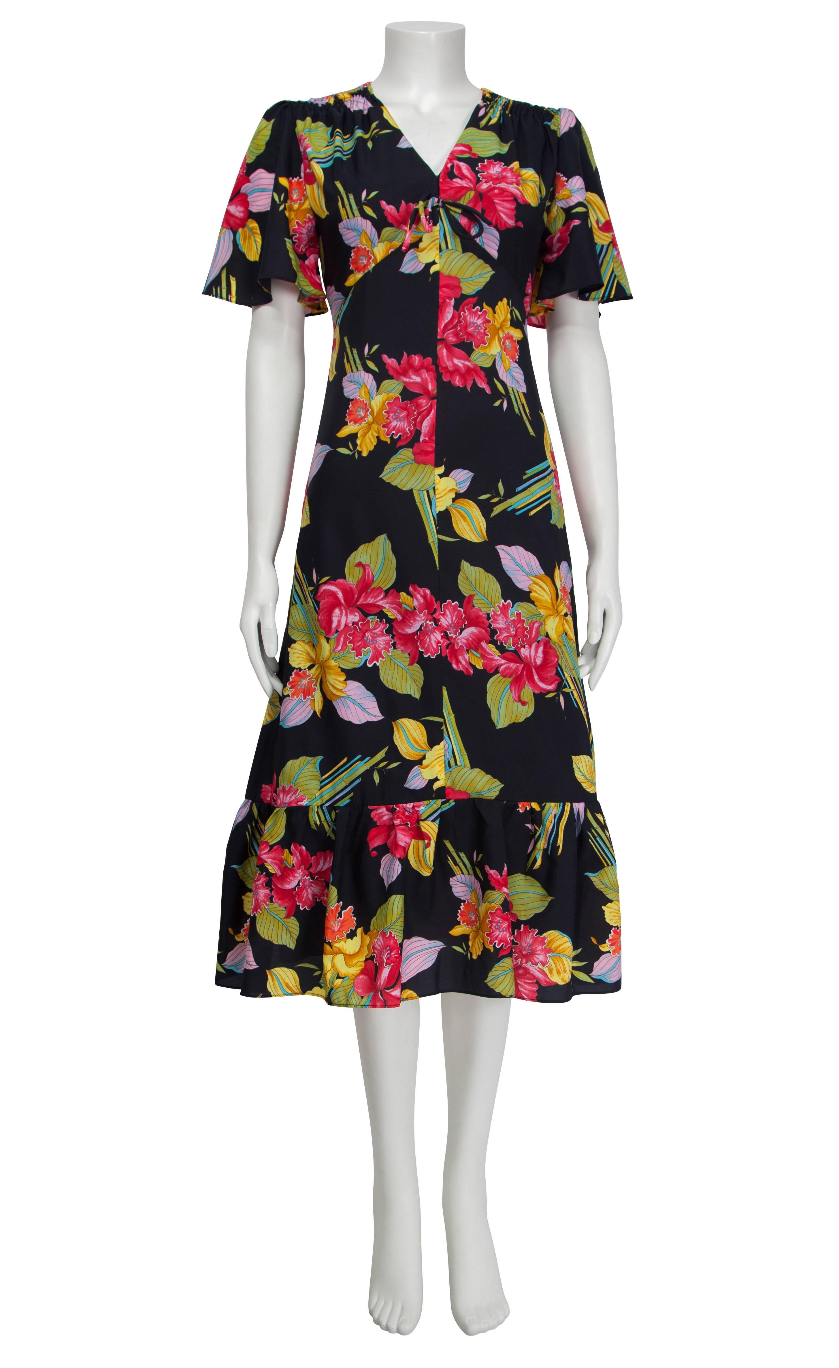 1970's Black Floral Ruffled 2-in-1 Dress with Capelet Sleeves For Sale 1