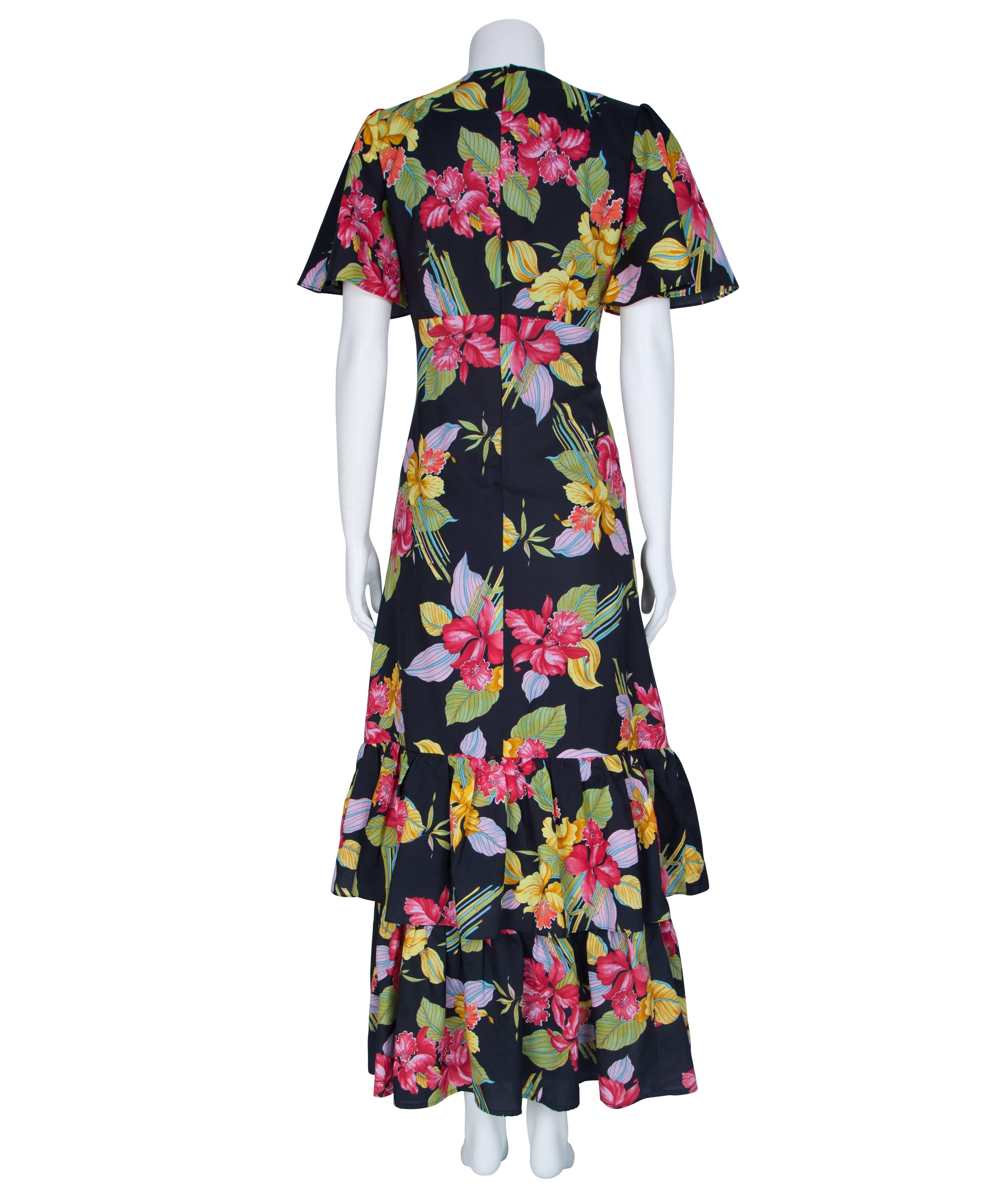 Women's 1970's Black Floral Ruffled 2-in-1 Dress with Capelet Sleeves For Sale