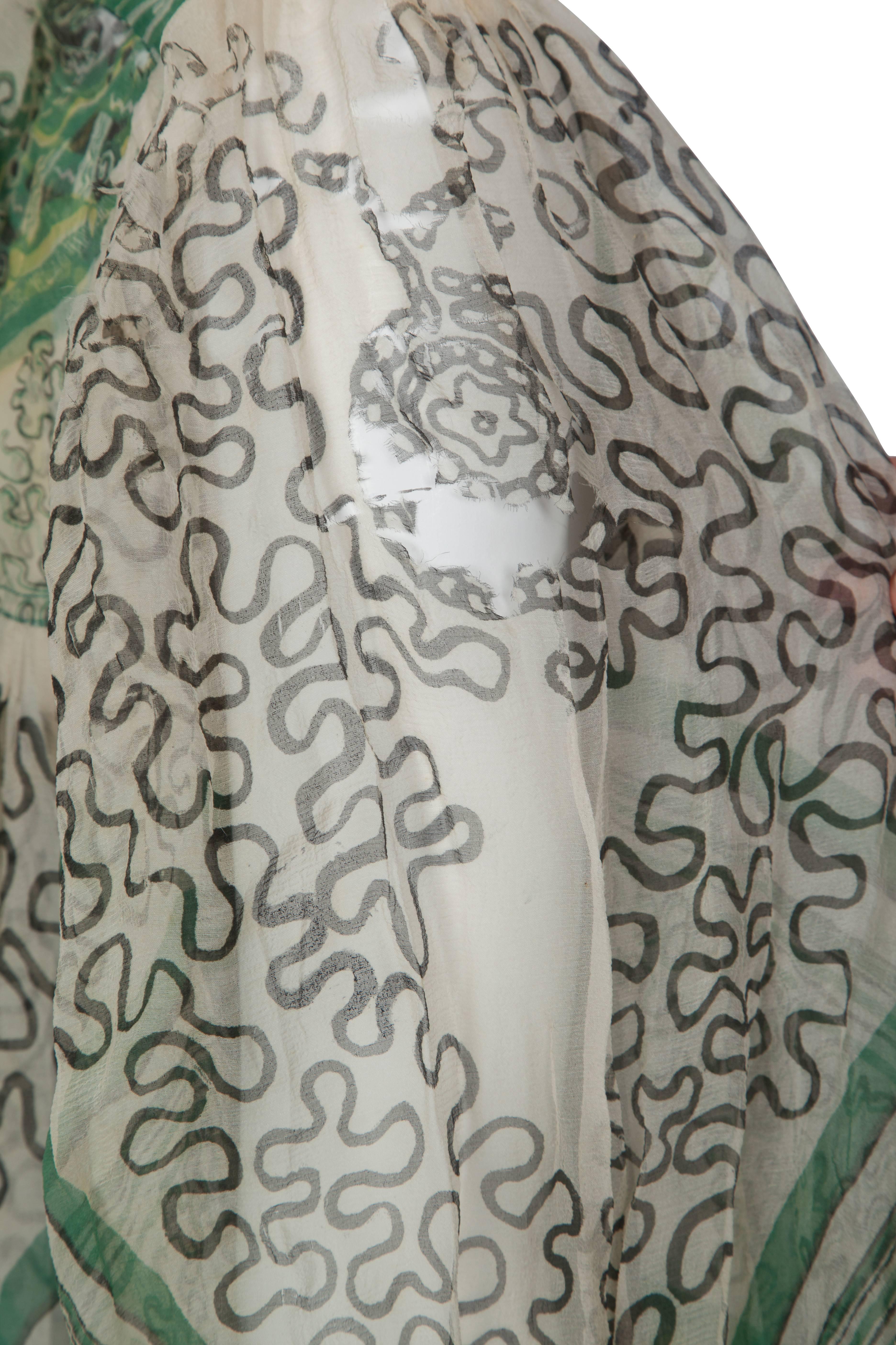 Women's Rare 1969 Zandra Rhodes Ivory and Green Silk Tunic - Sold As Is For Sale